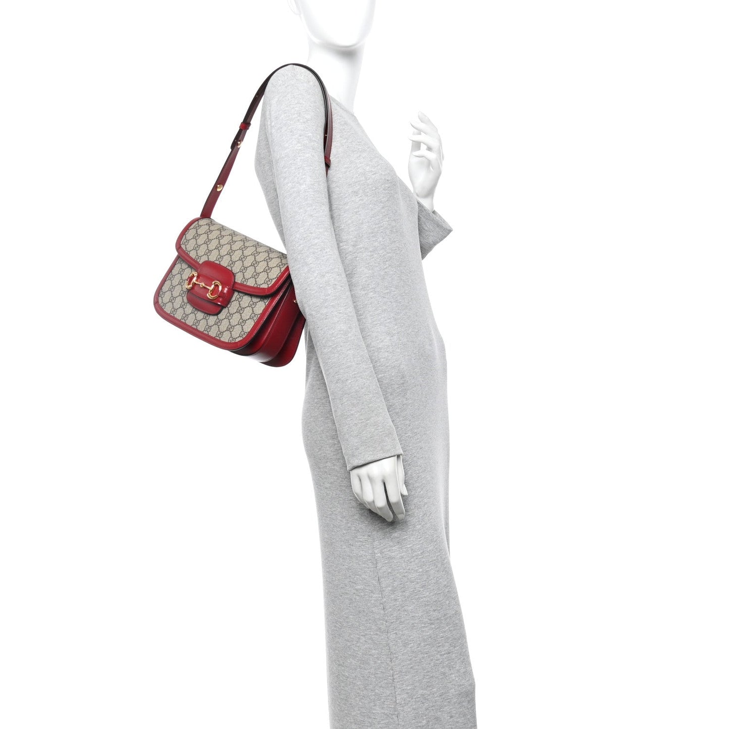 GG Supreme Monogram Azalea Calfskin Horsebit 1955 Shoulder Bag Beige Ebony New Cherry Red