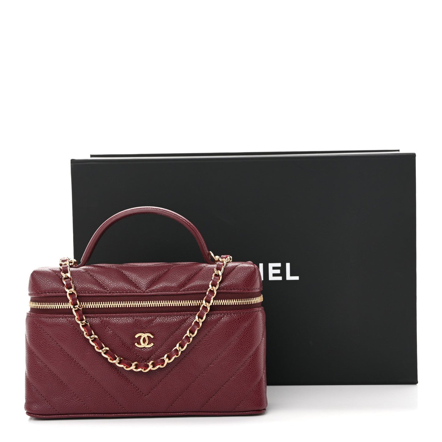Caviar Chevron Quilted Top Handle Slim Vanity With Chain Burgundy