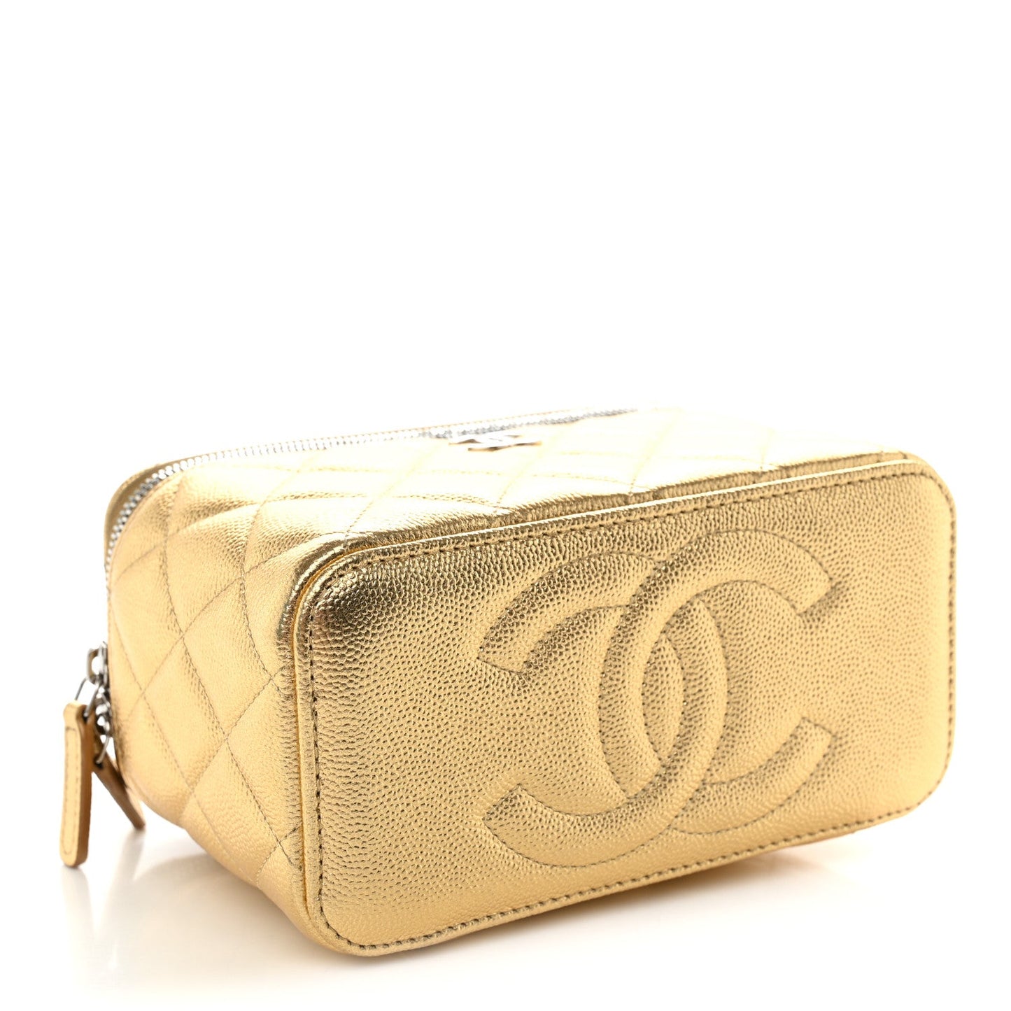 Metallic Caviar Quilted Top Handle Slim Vanity Case With Chain Gold