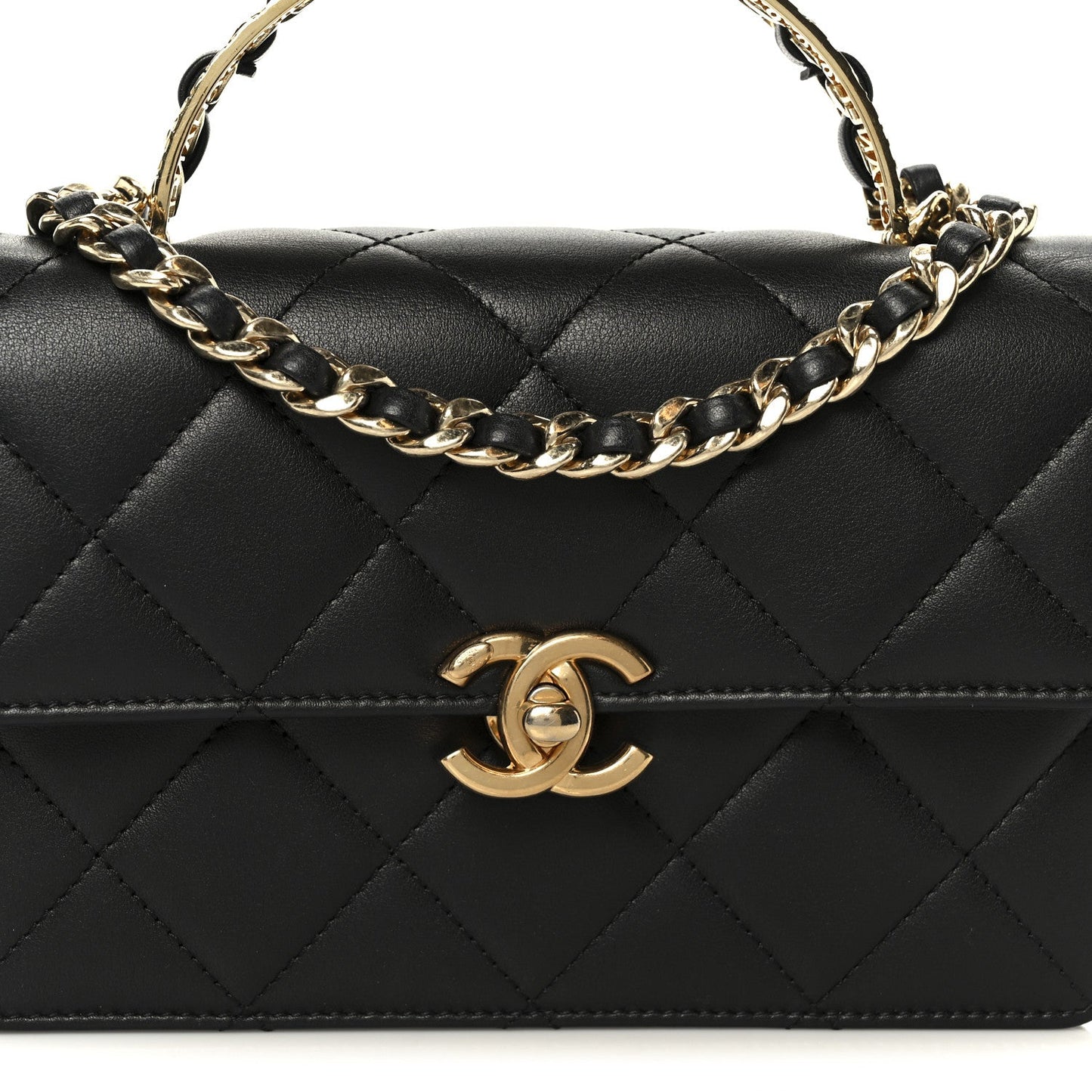 Shiny Calfskin Quilted Mini Metal Top Handle Flap Black