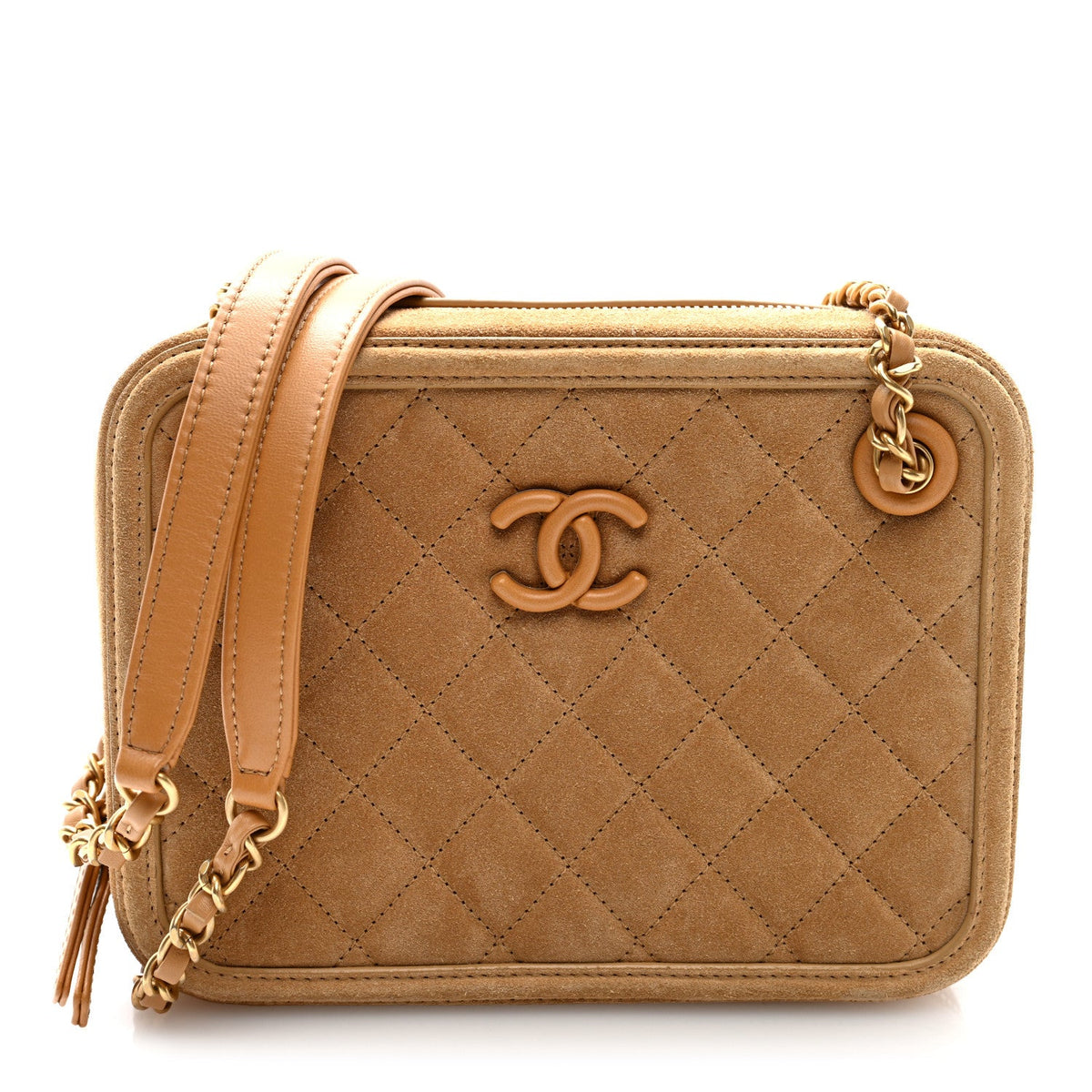 Suede Quilted CC Tassel Camera Case Light Brown