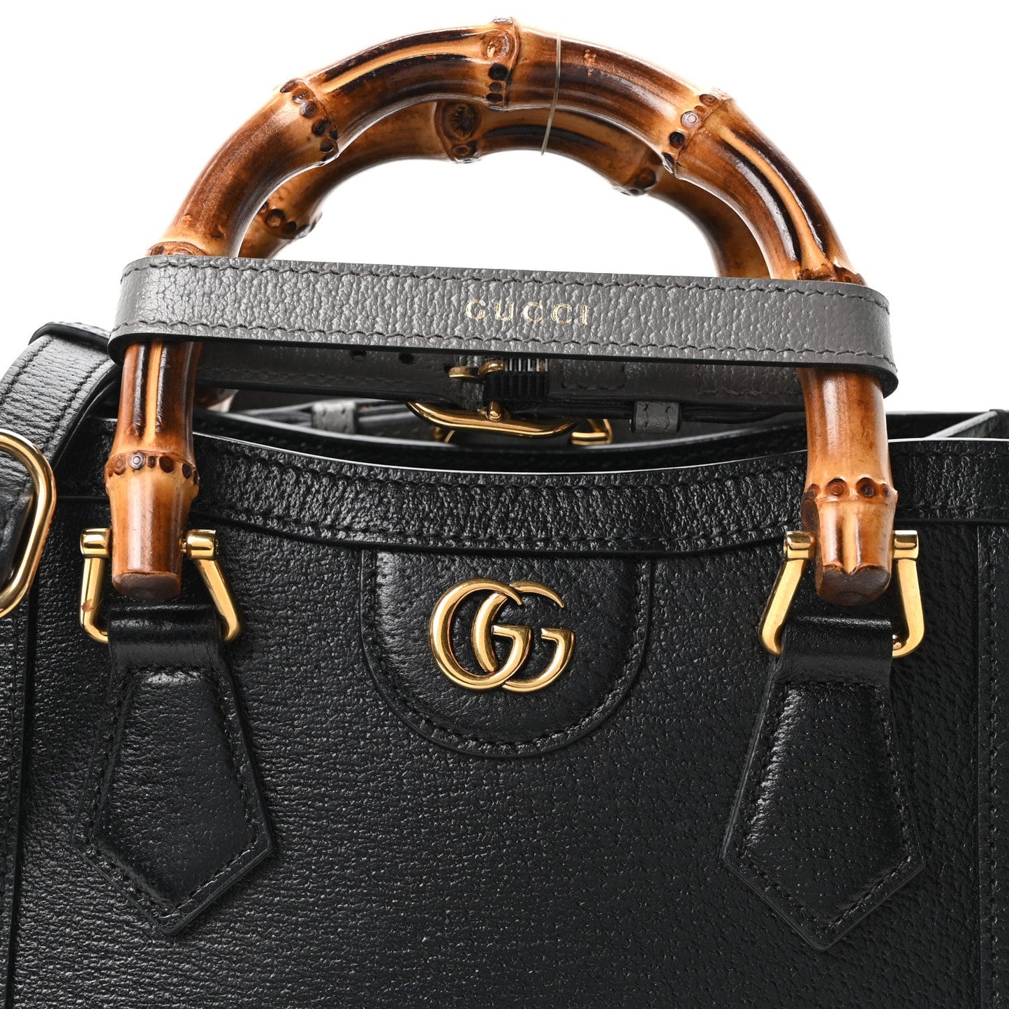 Textured Dollar Calfskin Web Mini Diana Tote Bag Black Dusty Grey