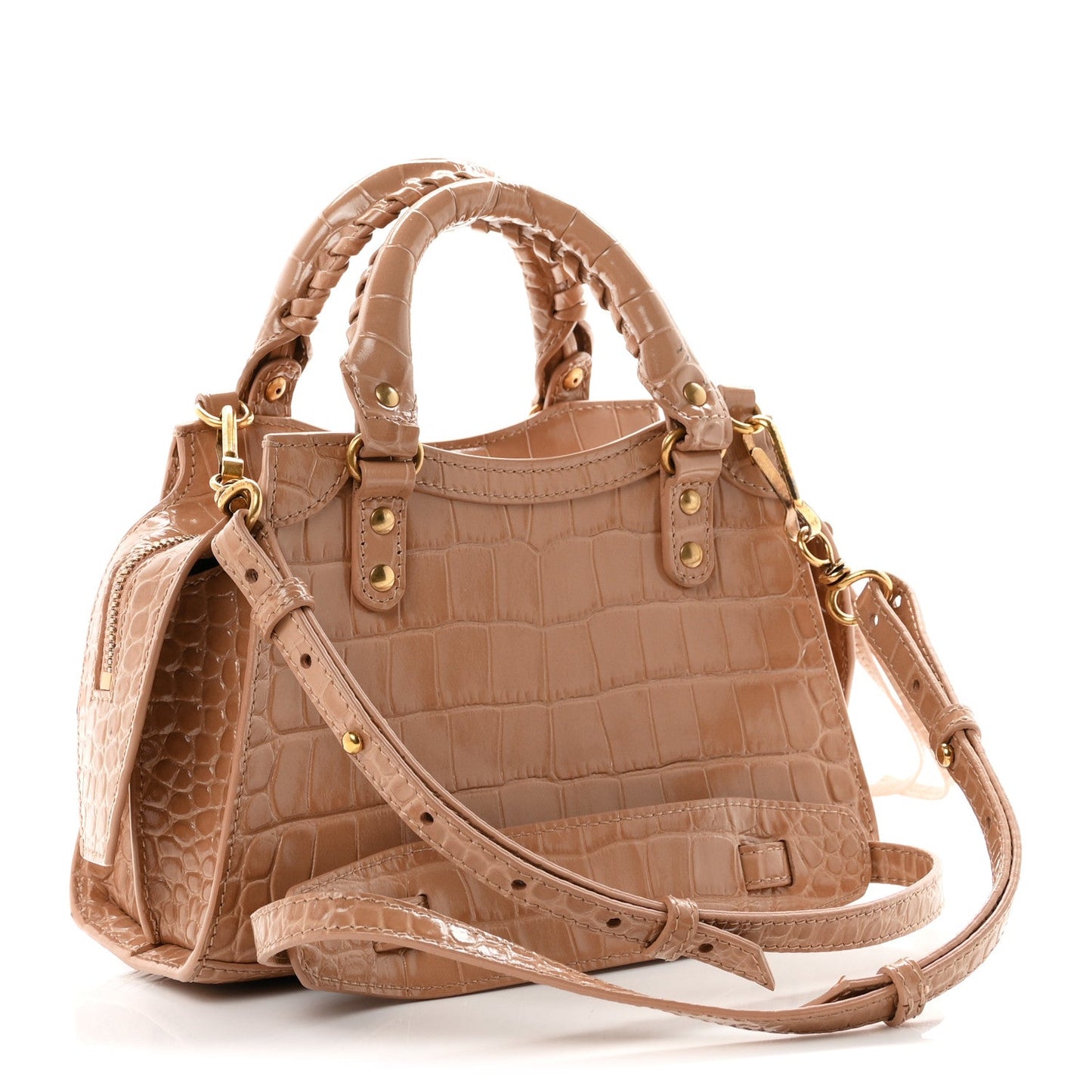 Shiny Supple Calfskin Crocodile Embossed Neo Classic Gold Hardware Mini City Nude Beige
