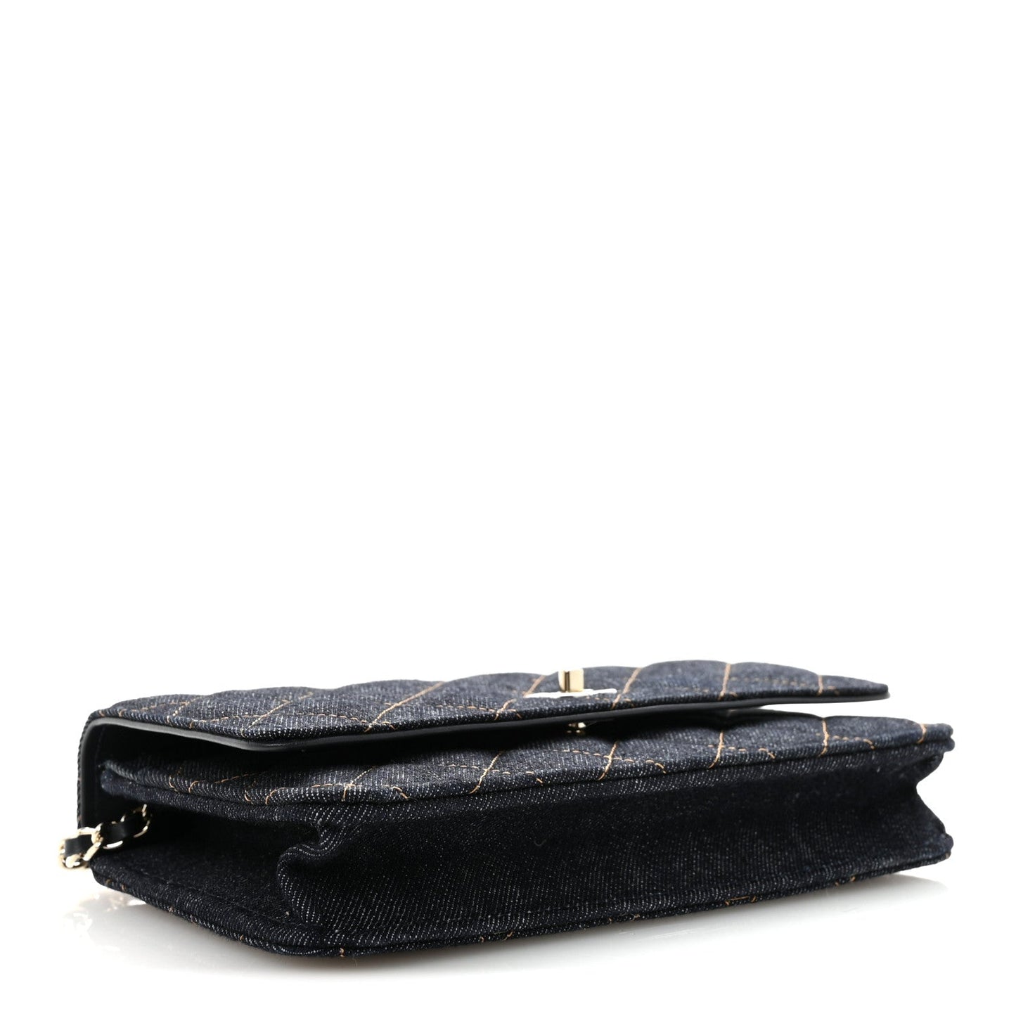 Denim Quilted CC Turnlock Wallet On Chain WOC Dark Blue Orange