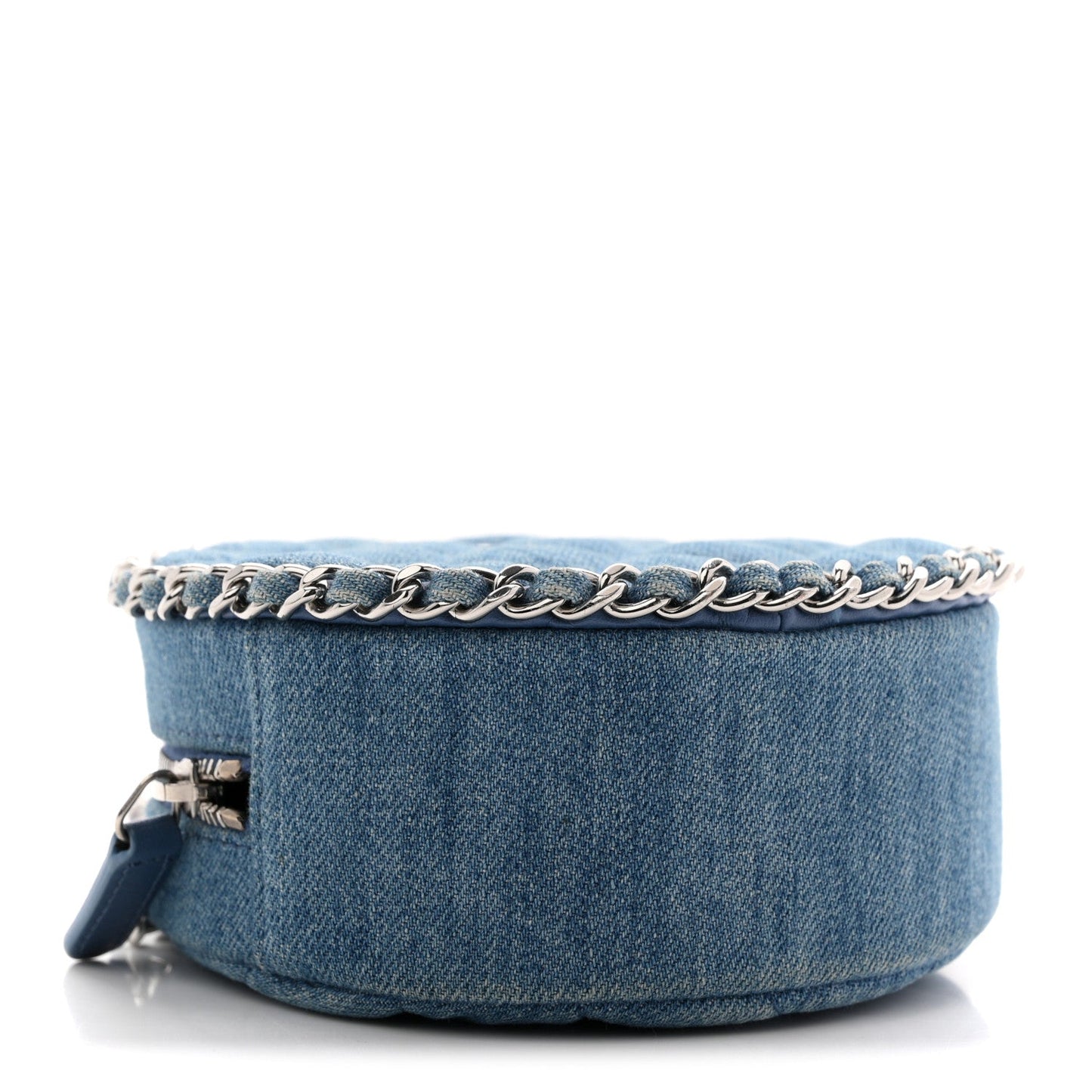 Denim Quilted Round Clutch With Chain Blue