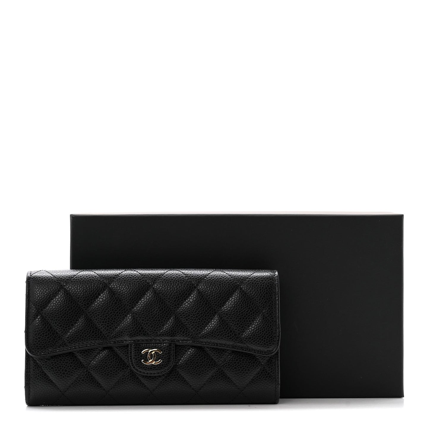 Caviar Quilted Large Gusset Flap Wallet Black
