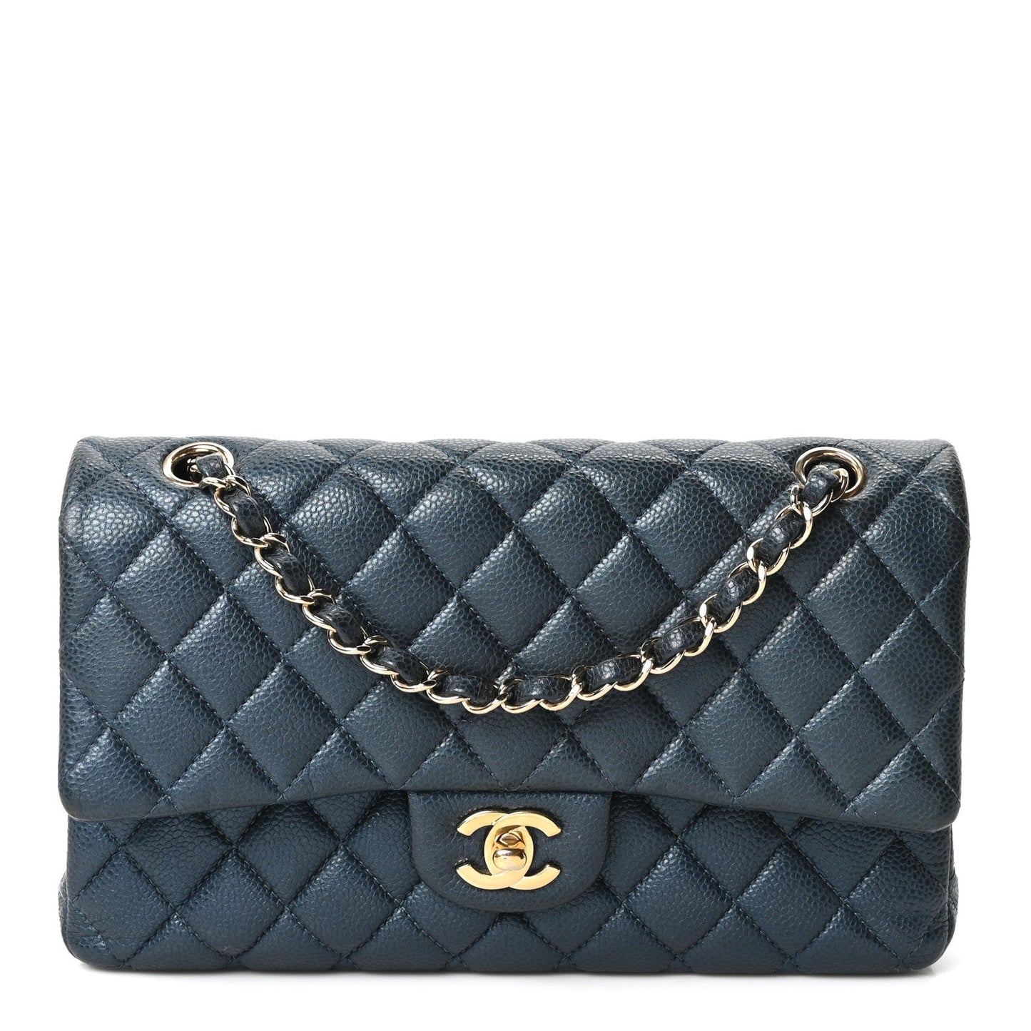 Metallic Caviar Quilted Medium Double Flap Dark Blue