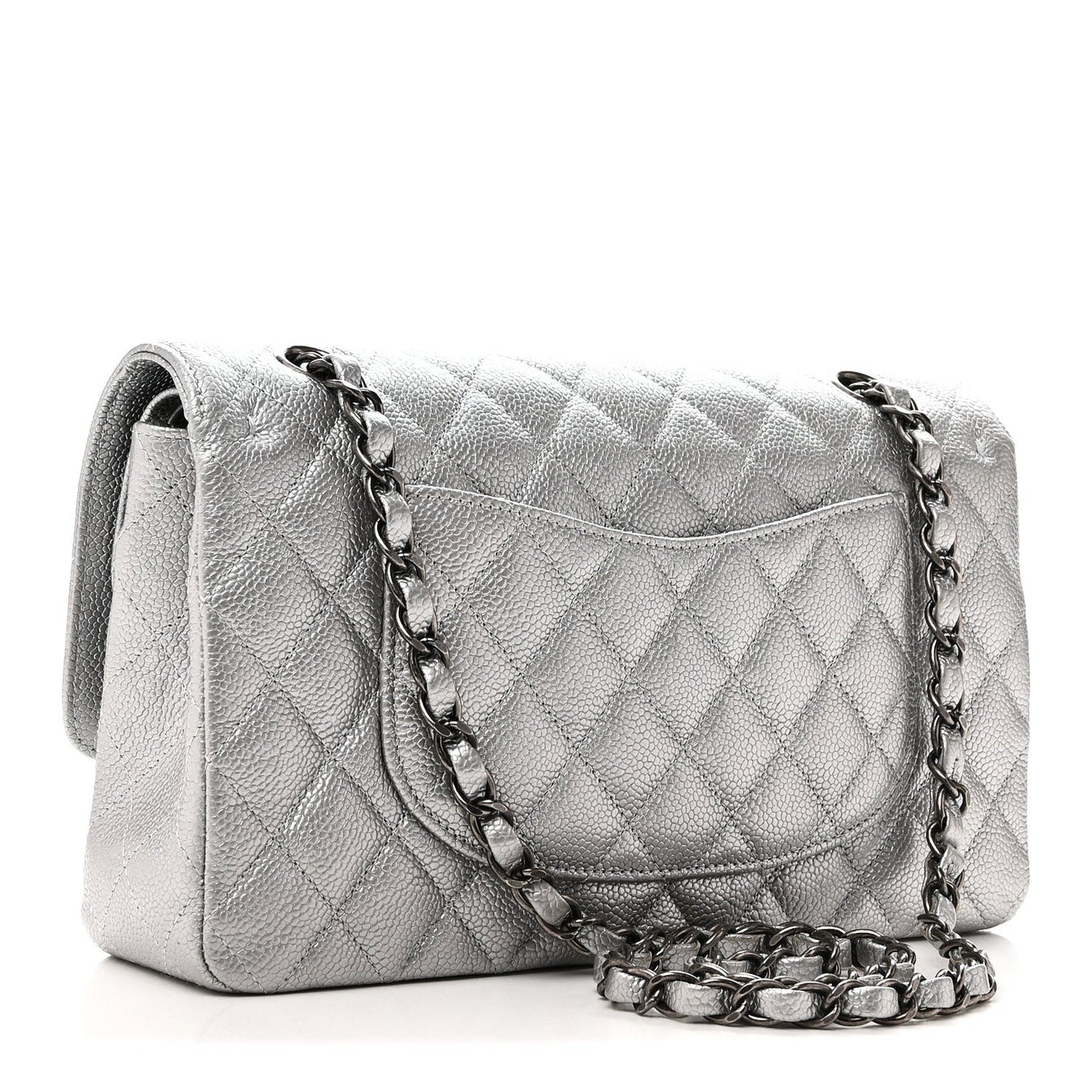 Metallic Caviar Quilted Medium Double Flap Silvery