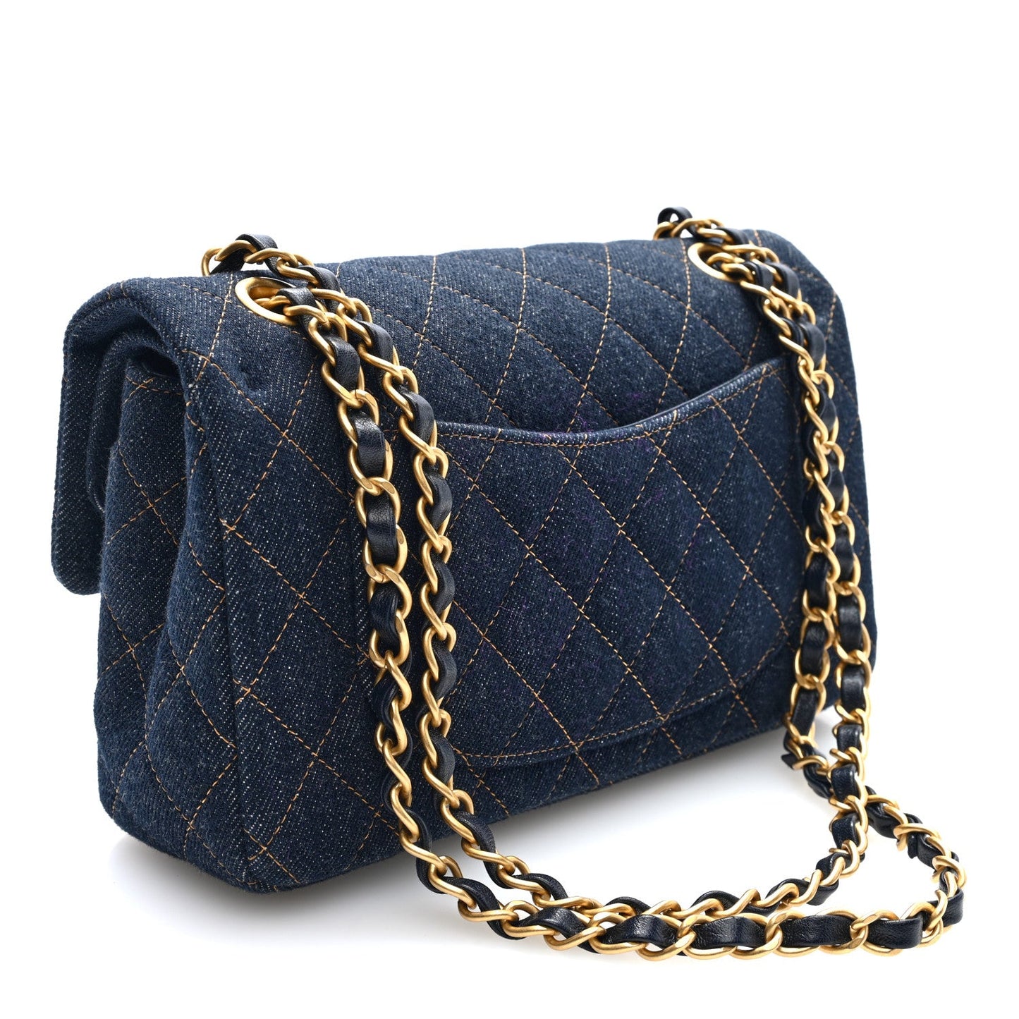 Denim Quilted Small Double Flap Dark Blue Orange