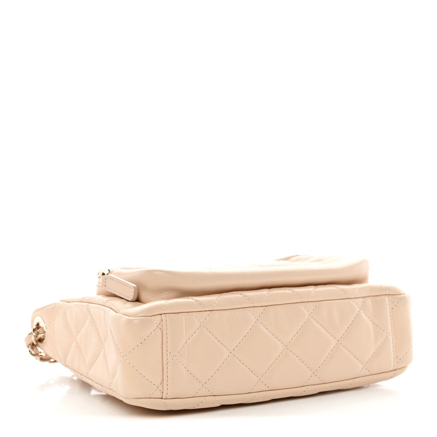 Shiny Crumpled Lambskin Quilted Small Preppy Pocket Clutch With Chain Beige