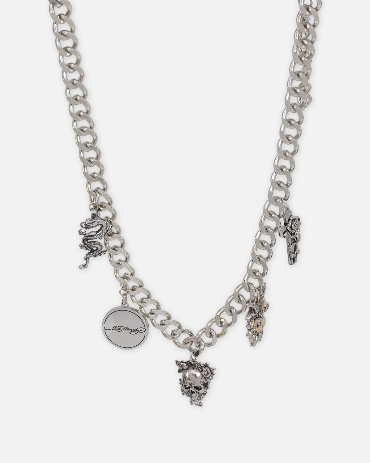 Ed Hardy Multi Charm Cuban Chain Necklace Silver