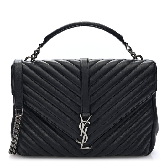 Sheepskin Matelasse Chevron Monogram Large College Satchel Black Tulip