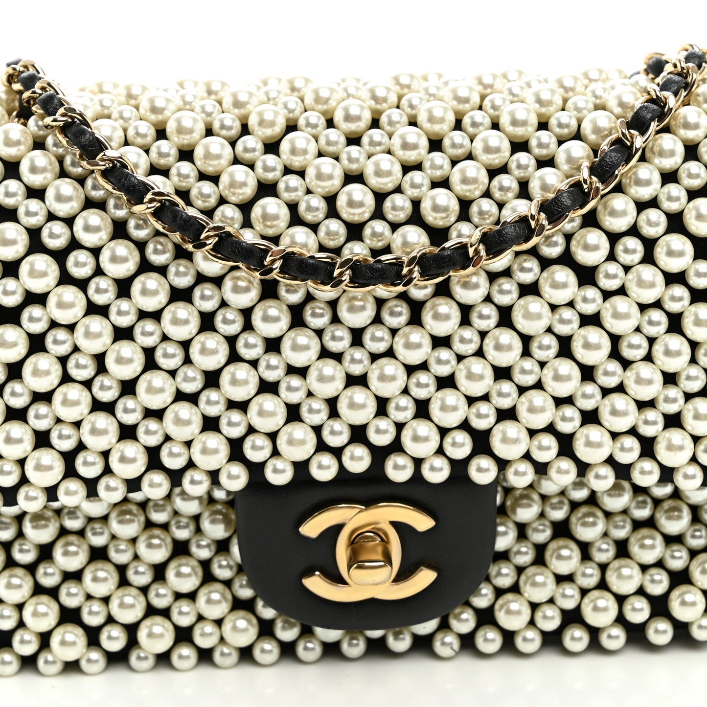 Satin Lambskin Pearl On Mini Rectangular Flap Black