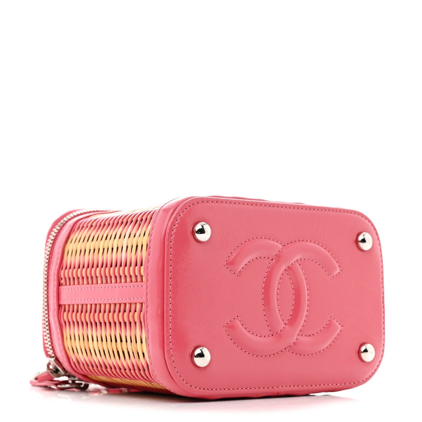 Calfskin Raffia Small Take Away Vanity Case Bag Pink Beige