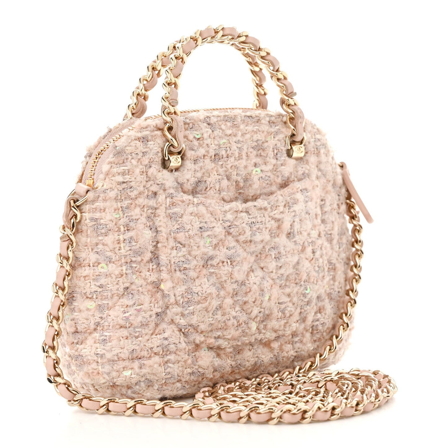 Cotton Wool Tweed Sequin Quilted Shiny Coco Clutch With Chain Light Pink Beige Ecru
