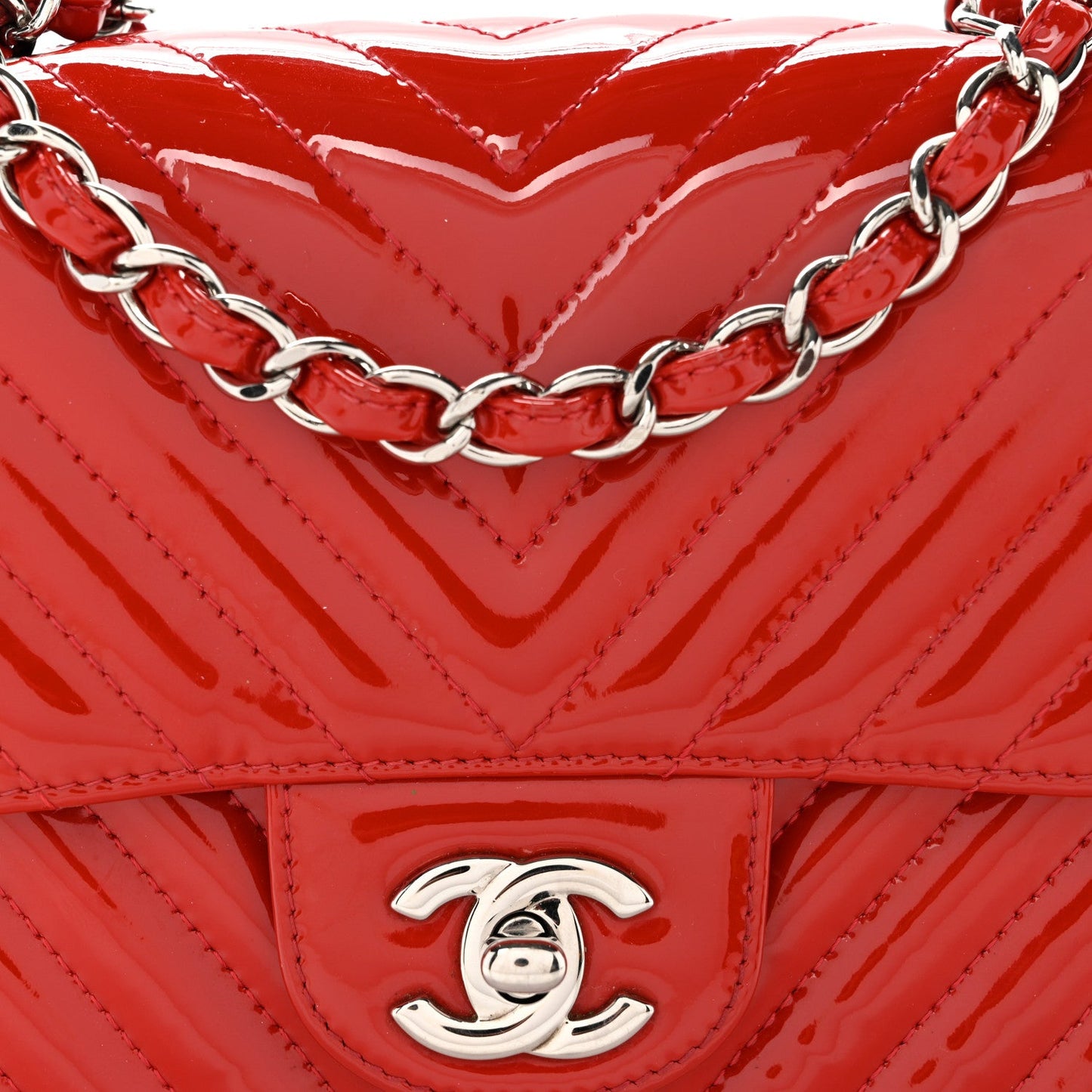 Patent Chevron Quilted Mini Square Flap Red