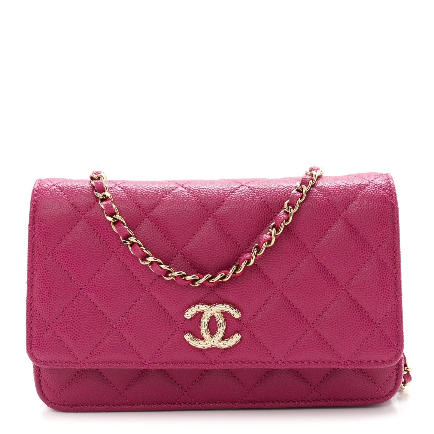 Caviar Quilted Chain Embossed CC Wallet On Chain WOC Fuchsia