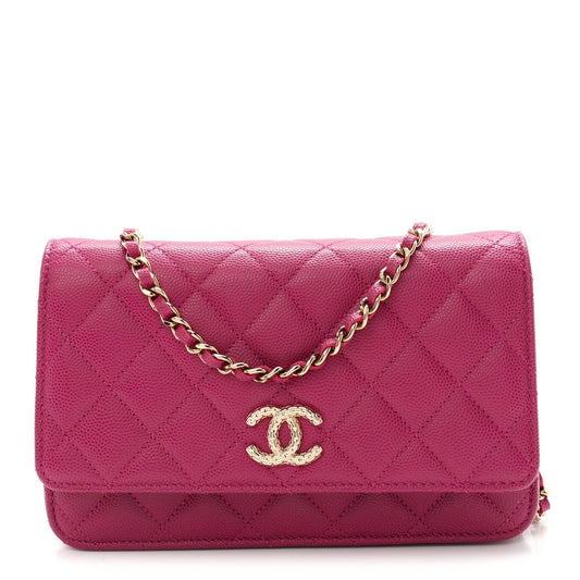 Caviar Quilted Chain Embossed CC Wallet On Chain WOC Fuchsia