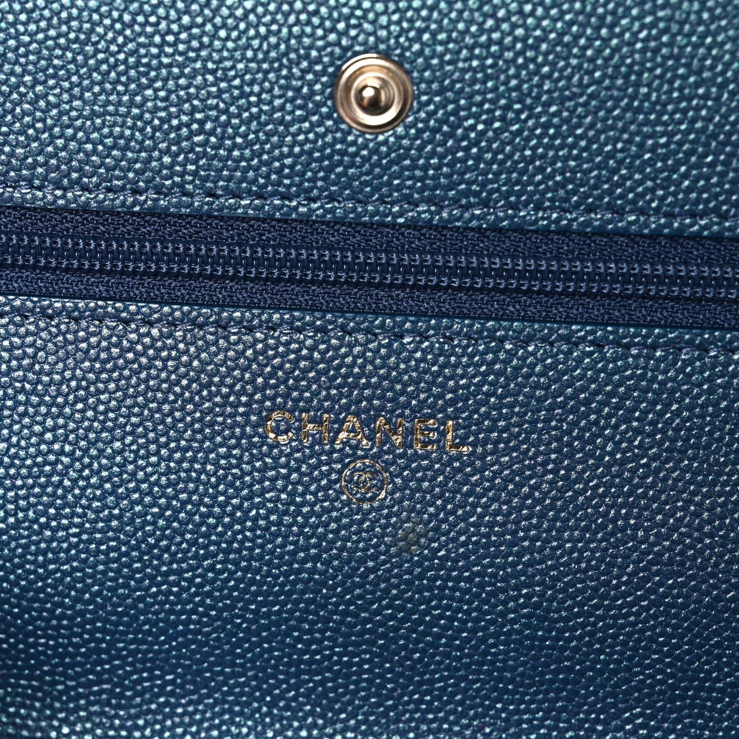 Iridescent Caviar Quilted Wallet on Chain WOC Dark Blue