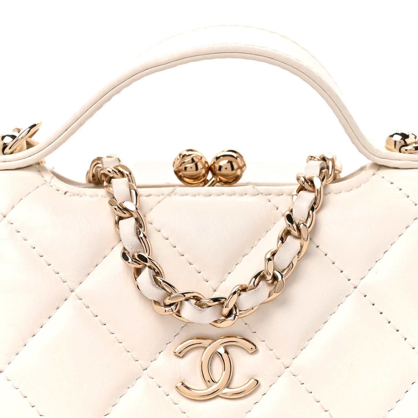 Lambskin Quilted Kiss Lock Top Handle Flap Clutch With Chain White