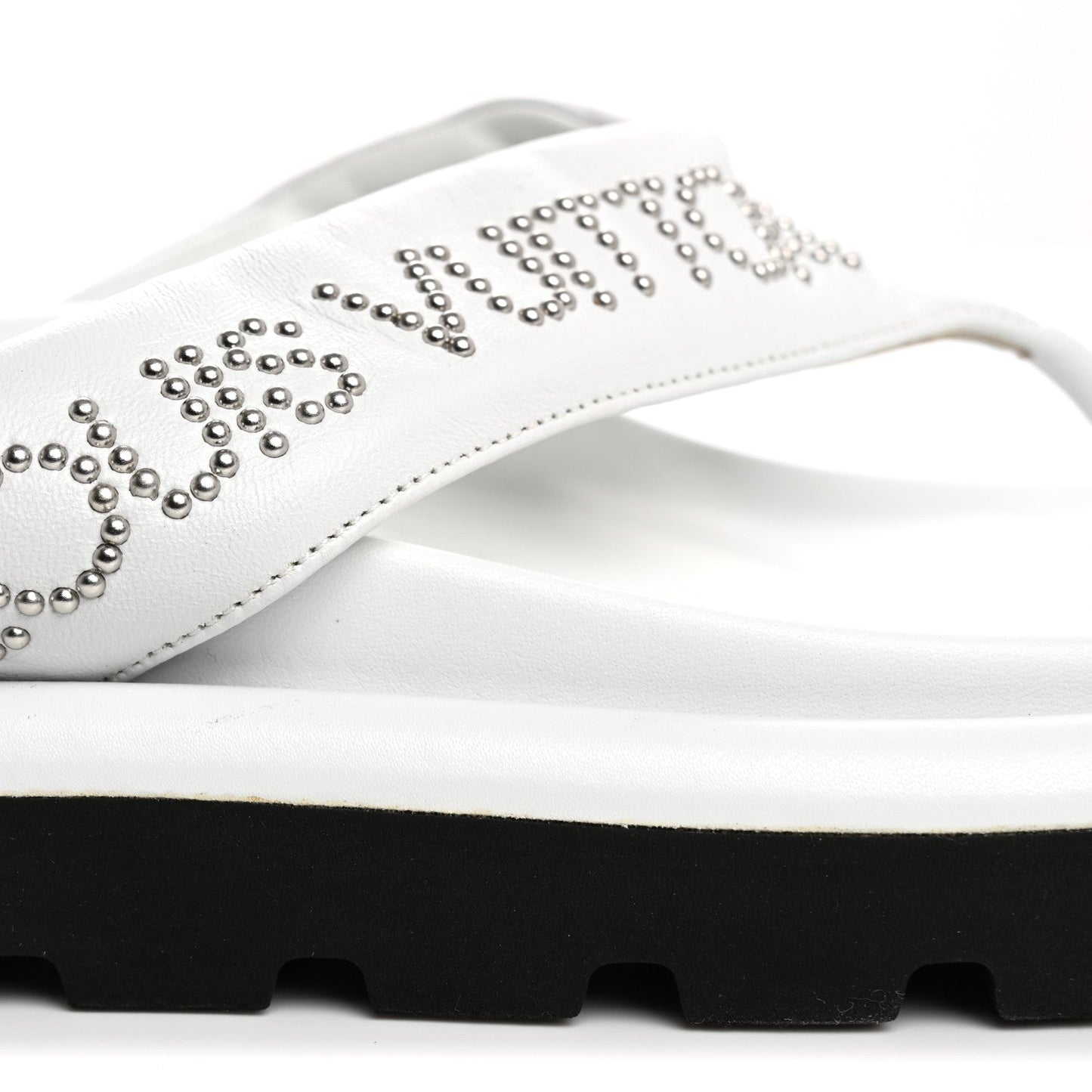 Calfskin Logo Studded Pillow Flat Thong Sandals 35 White