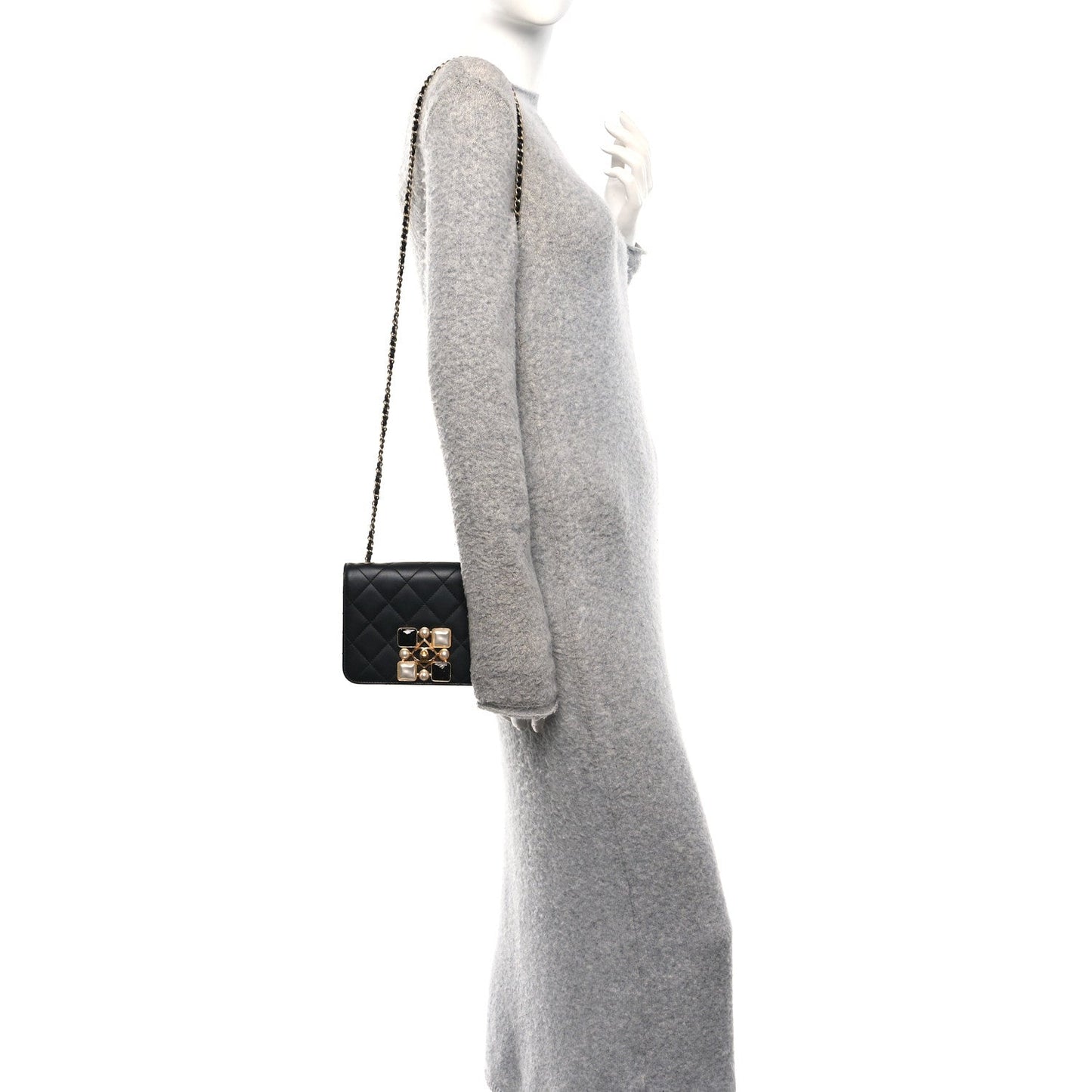 Calfskin Quilted Crystal Pearl Small Flap Bag Black