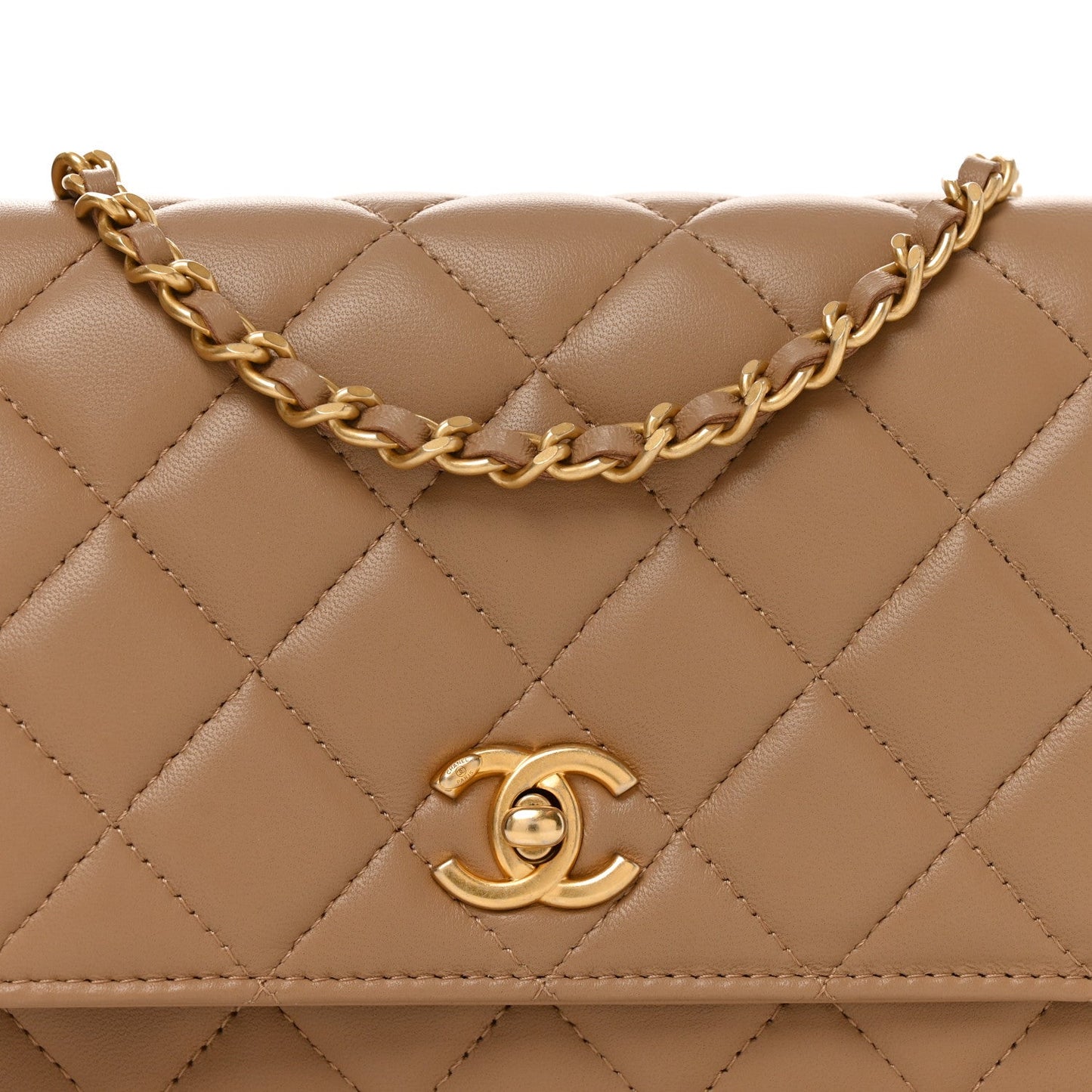 Lambskin Quilted CC Pearl Crush Wallet on Chain WOC Beige