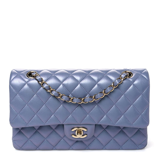 Iridescent Lambskin Quilted Medium Double Flap Light Purple