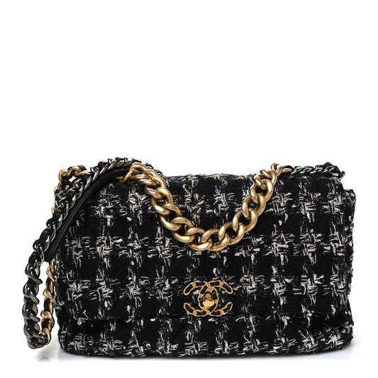 Tweed Quilted Large Chanel 19 Flap Black Silver Ecru