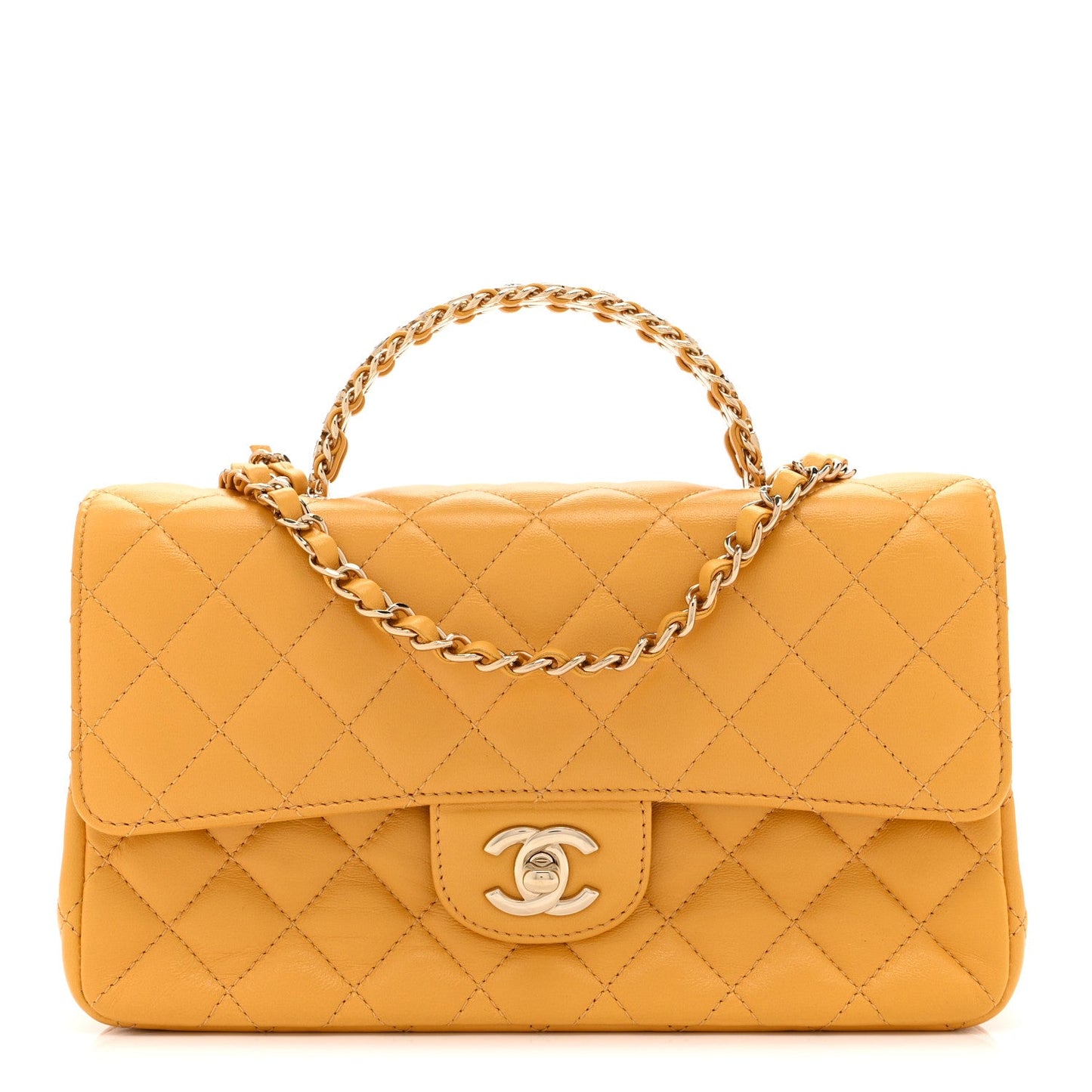 Lambskin Quilted Medium Crystal Top Handle Rectangular Flap Yellow