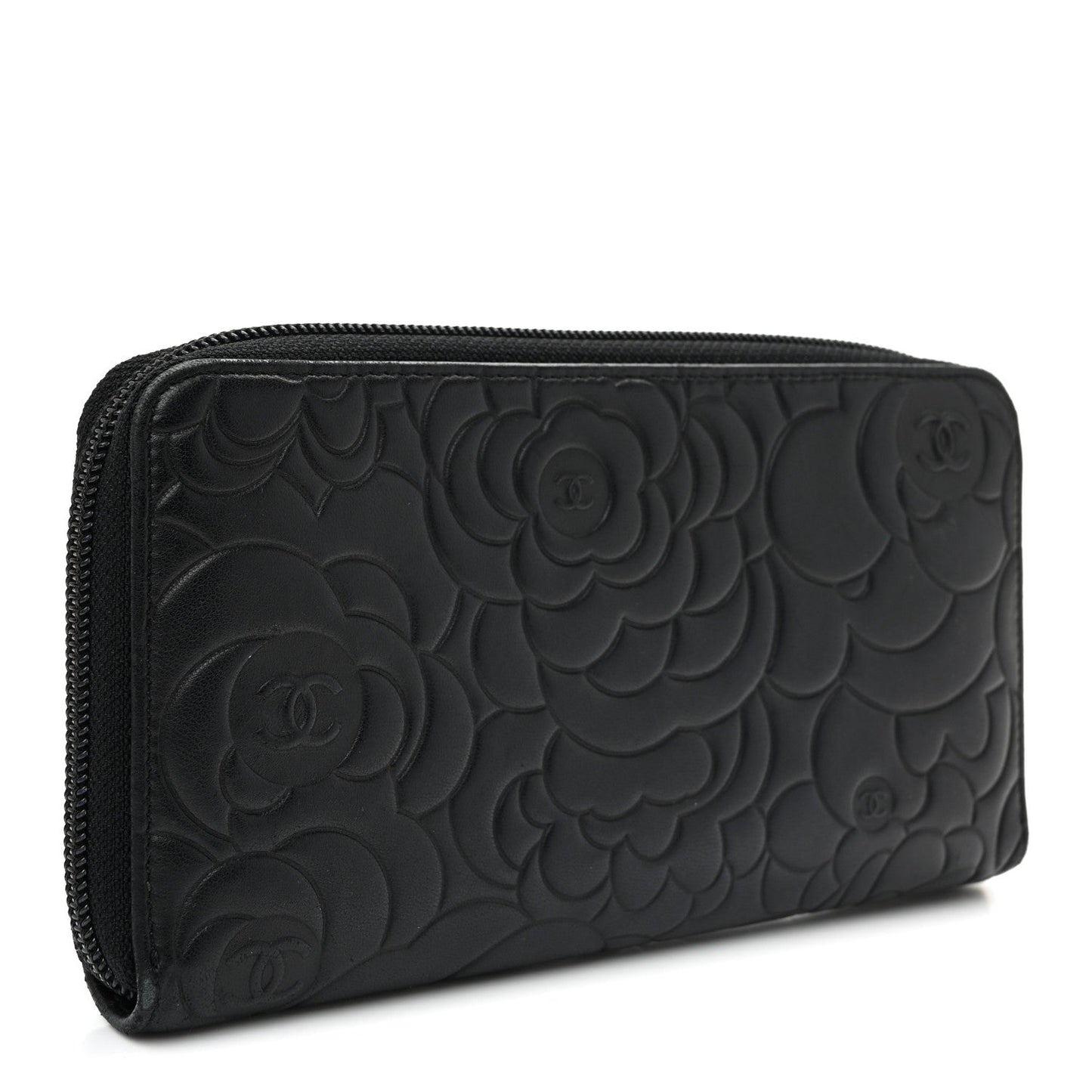 Lambskin Camellia Embossed Large Zip Around Gusset Wallet Black
