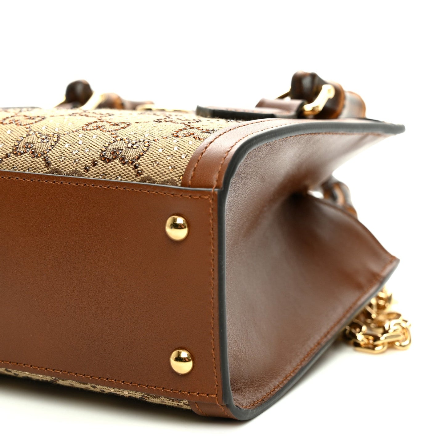 New Canvas Charisma Calfskin Crystal GG Monogram Mini Diana Tote Bag Camel Ebony