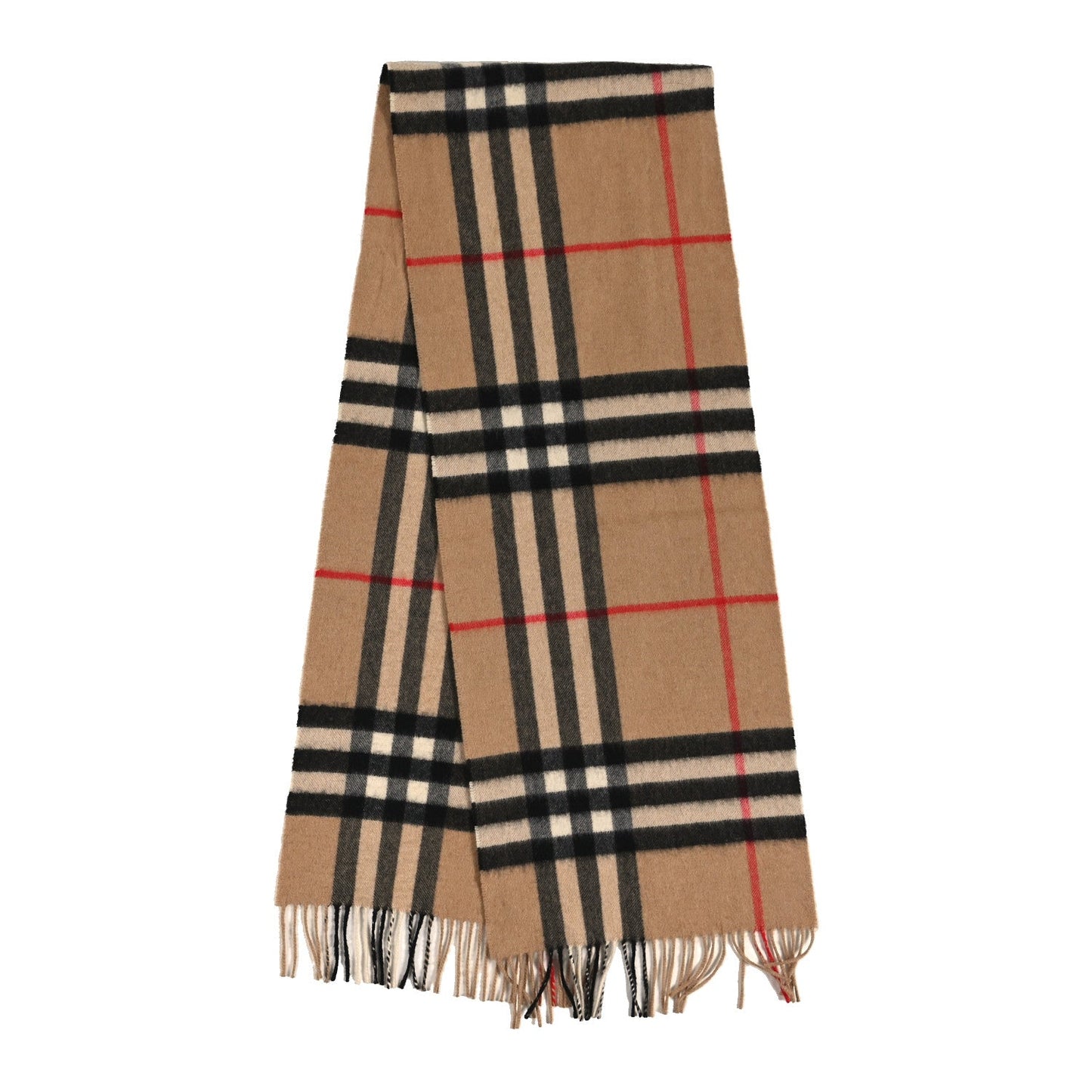 Cashmere Giant Check Fringe Scarf Camel