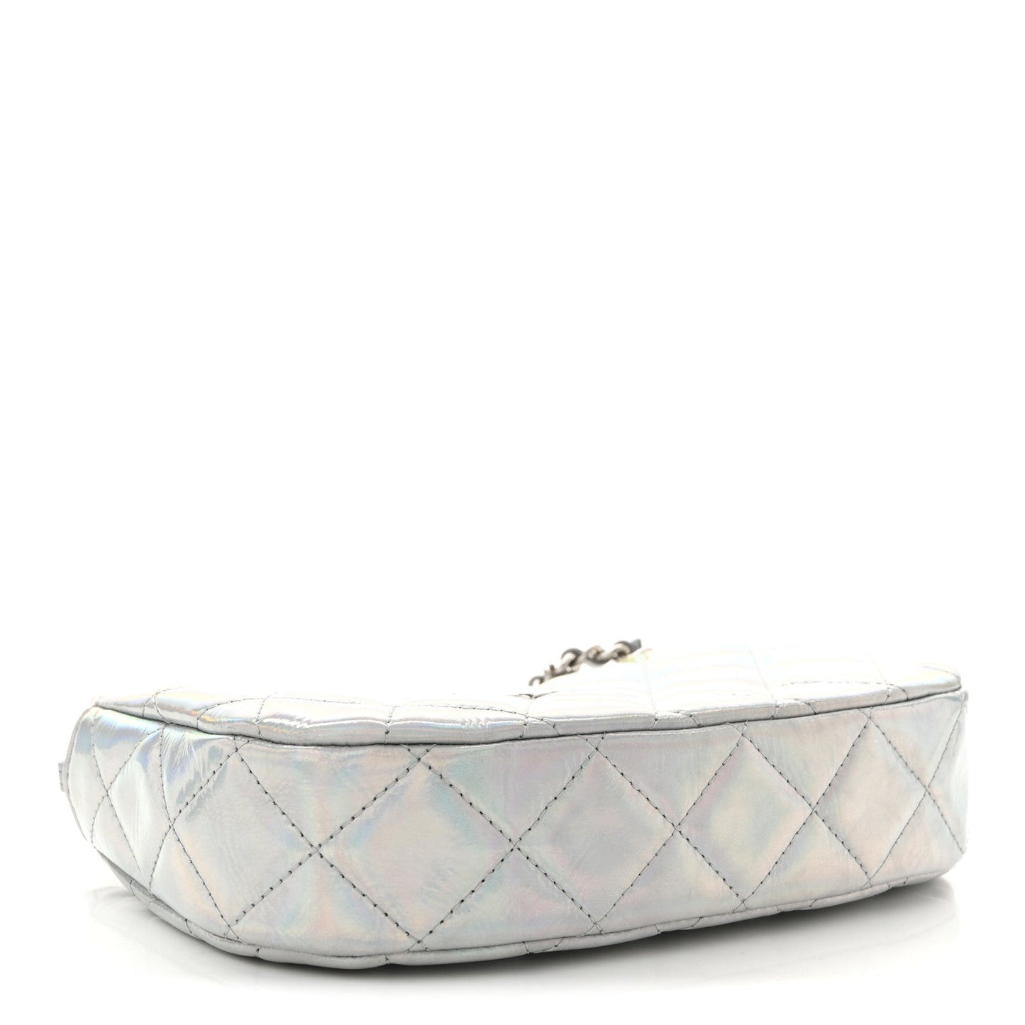 Iridescent Mirror Goatskin Quilted Clutch With Chain Silver