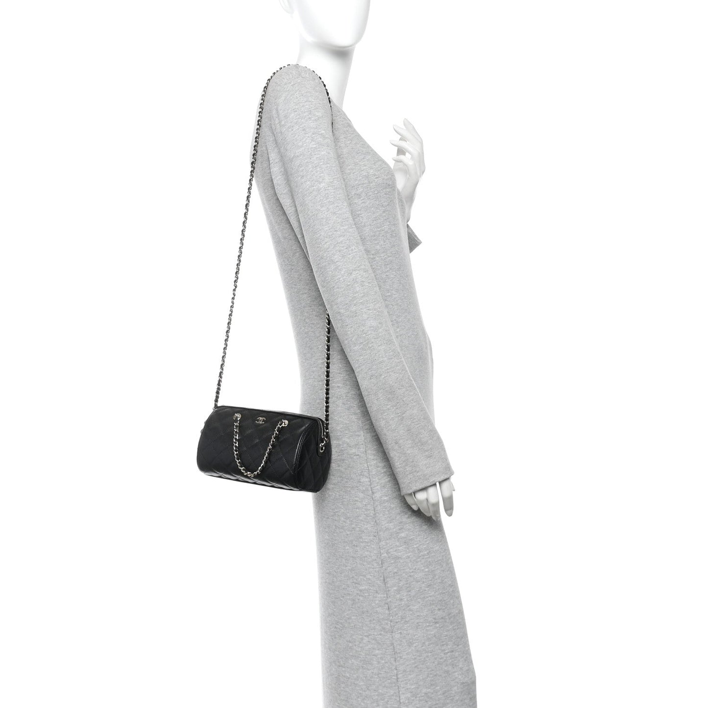 Caviar Quilted Barrel Clutch With Chain  Black
