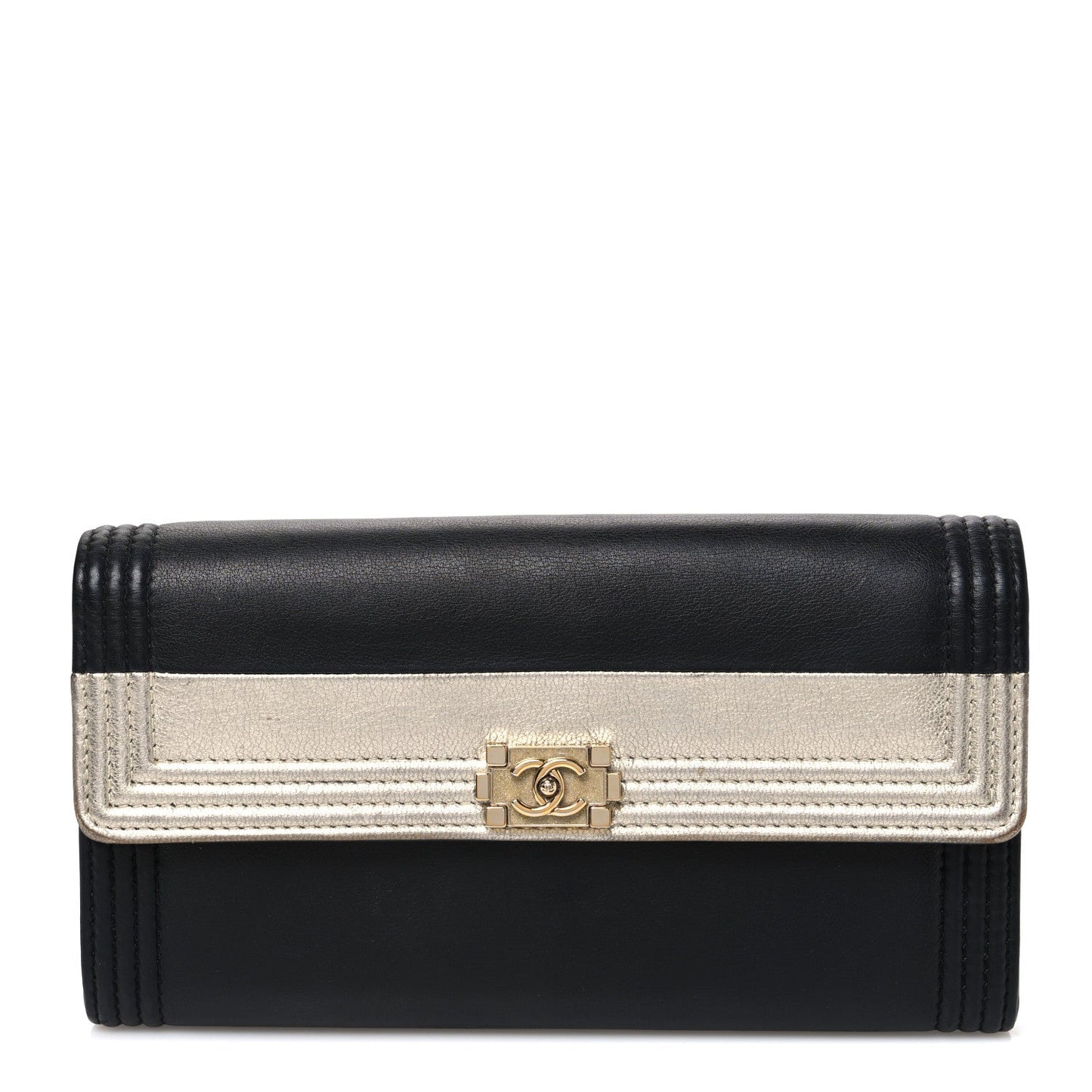 Lambskin Large Boy Gusset Flap Wallet Black Silver