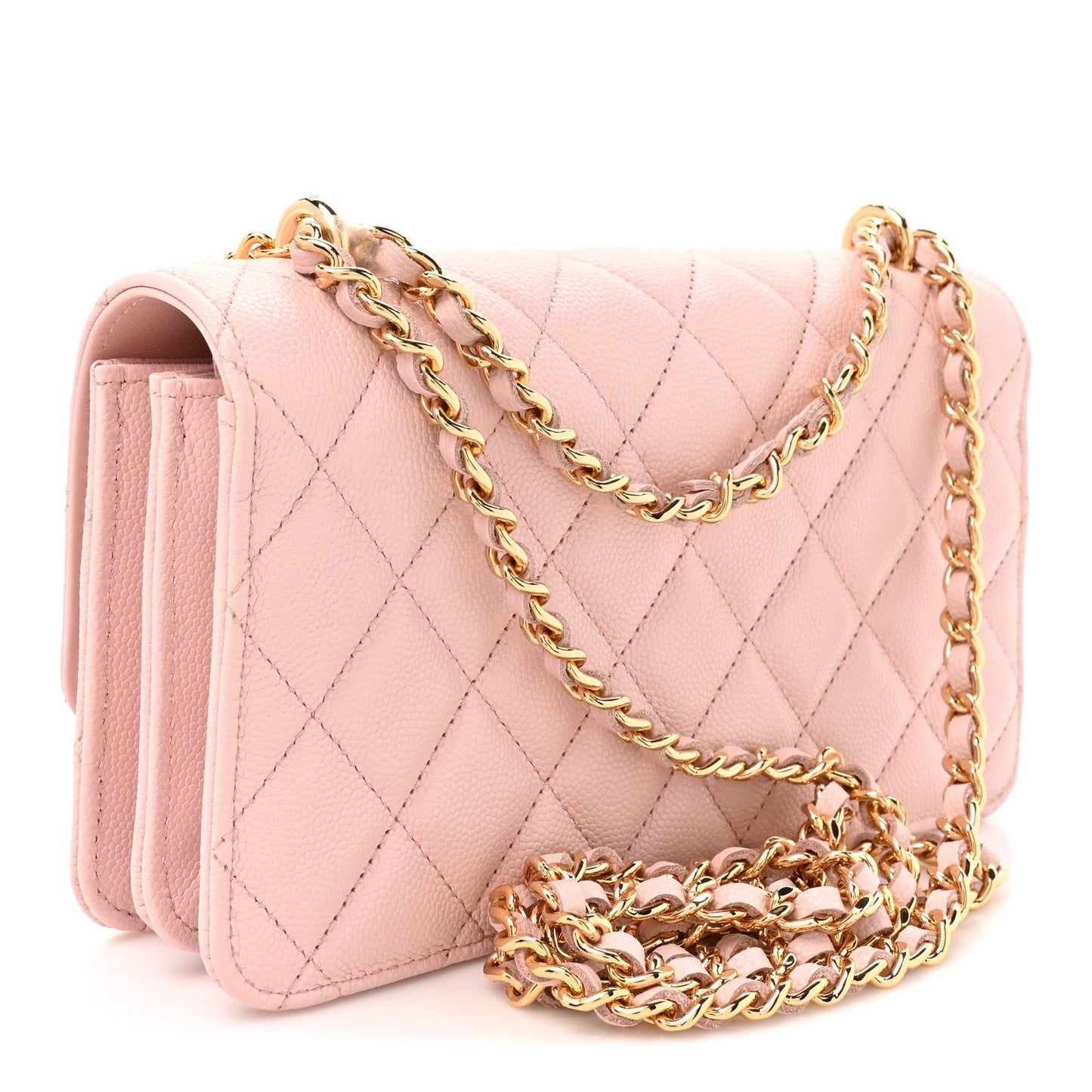 Shiny Caviar Quilted Flap Charm Wallet On Chain WOC Light Pink