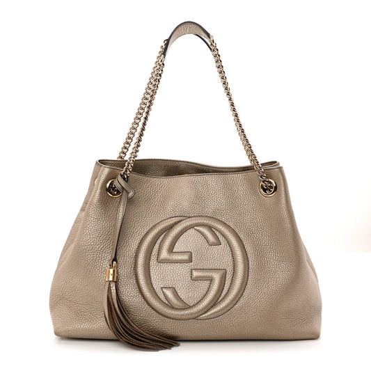 Metallic Pebbled Calfskin Medium Soho Chain Shoulder Bag Golden Beige