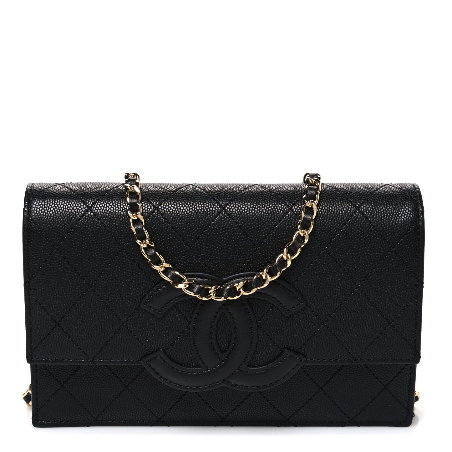 Shiny Caviar Lambskin Quilted CC Neo Filigree Wallet on Chain WOC Black
