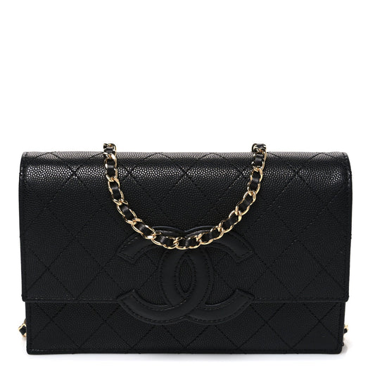 Shiny Caviar Lambskin Quilted CC Neo Filigree Wallet on Chain WOC Black