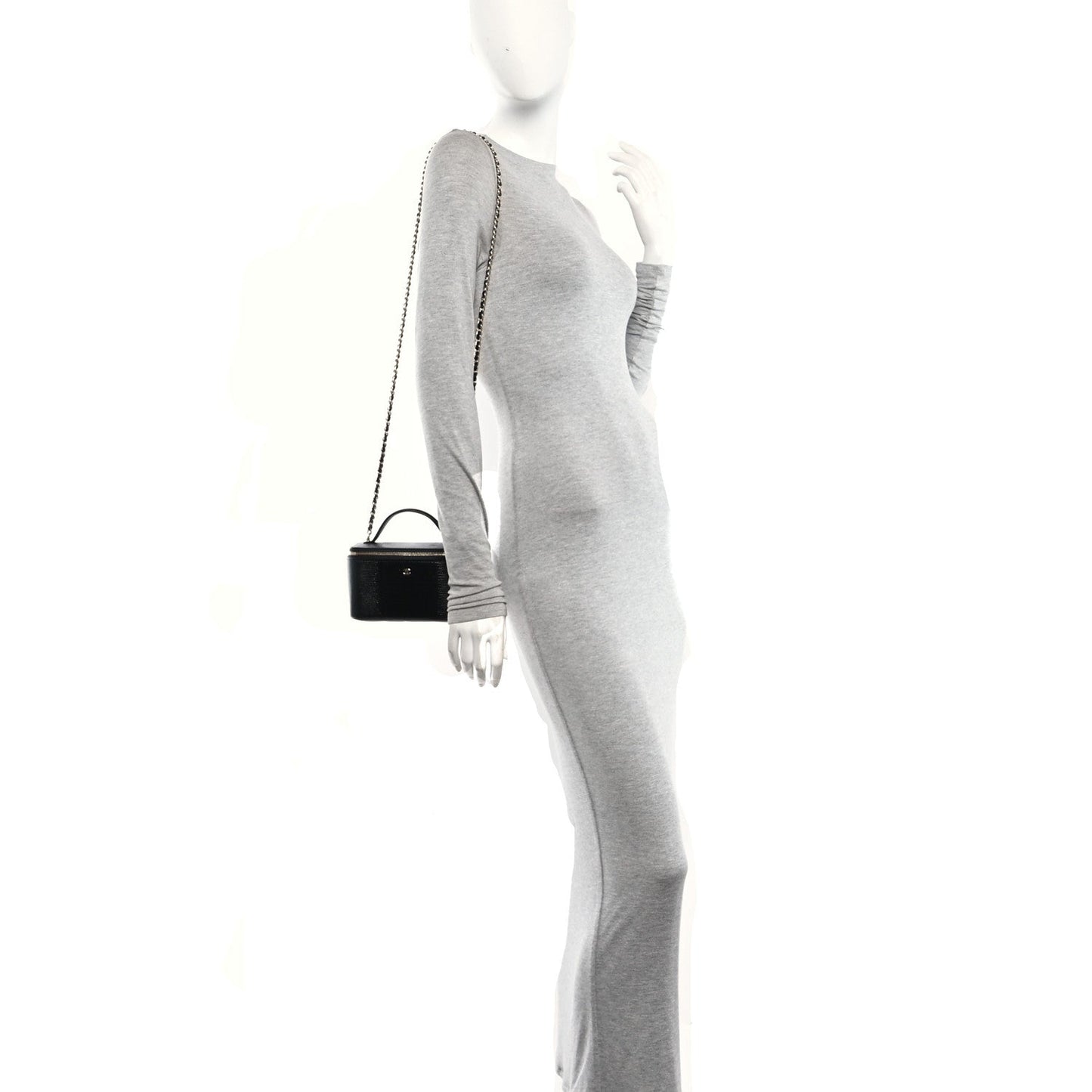 Calfskin Lizard Embossed Top Handle Vanity With Chain Black