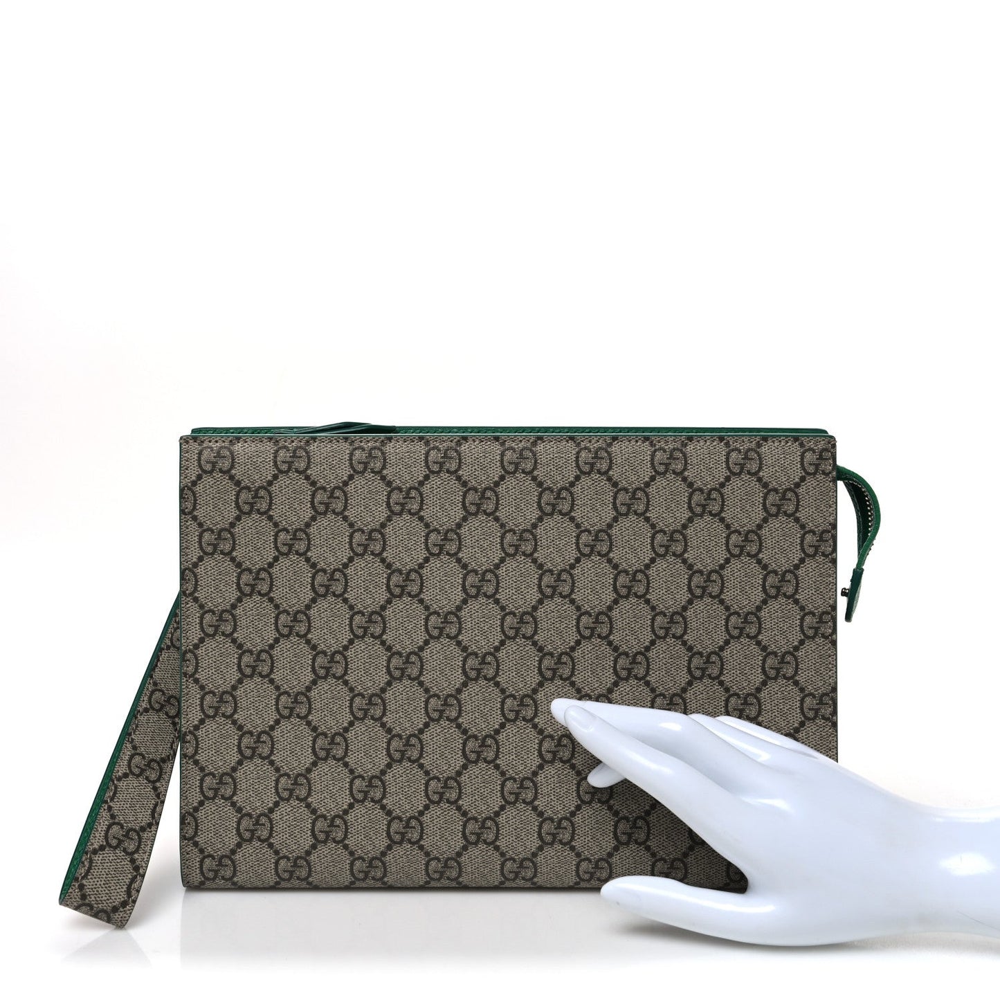 GG Supreme Monogram Bi-Color Small Zip Wristlet Pouch Beige Ebony Green