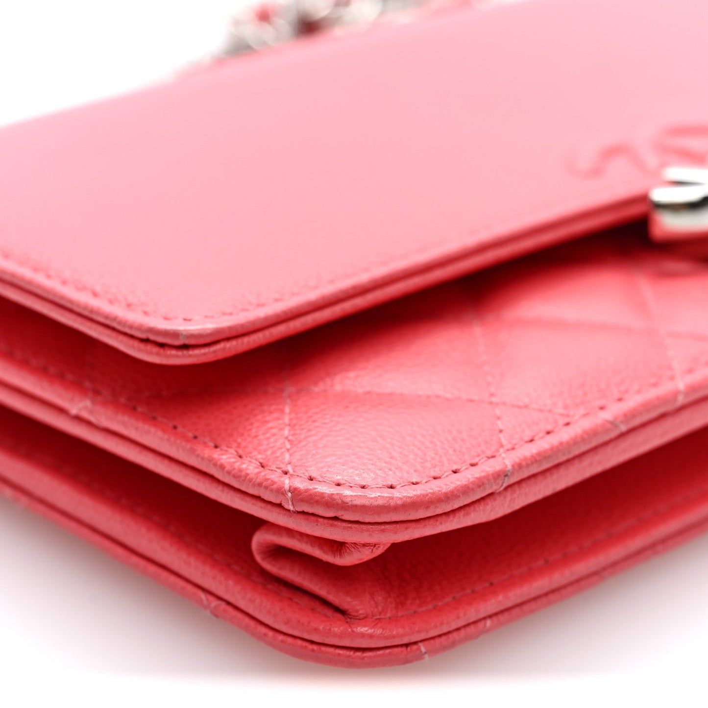 Grained Calfskin Quilted CC Box Wallet On Chain WOC Pink