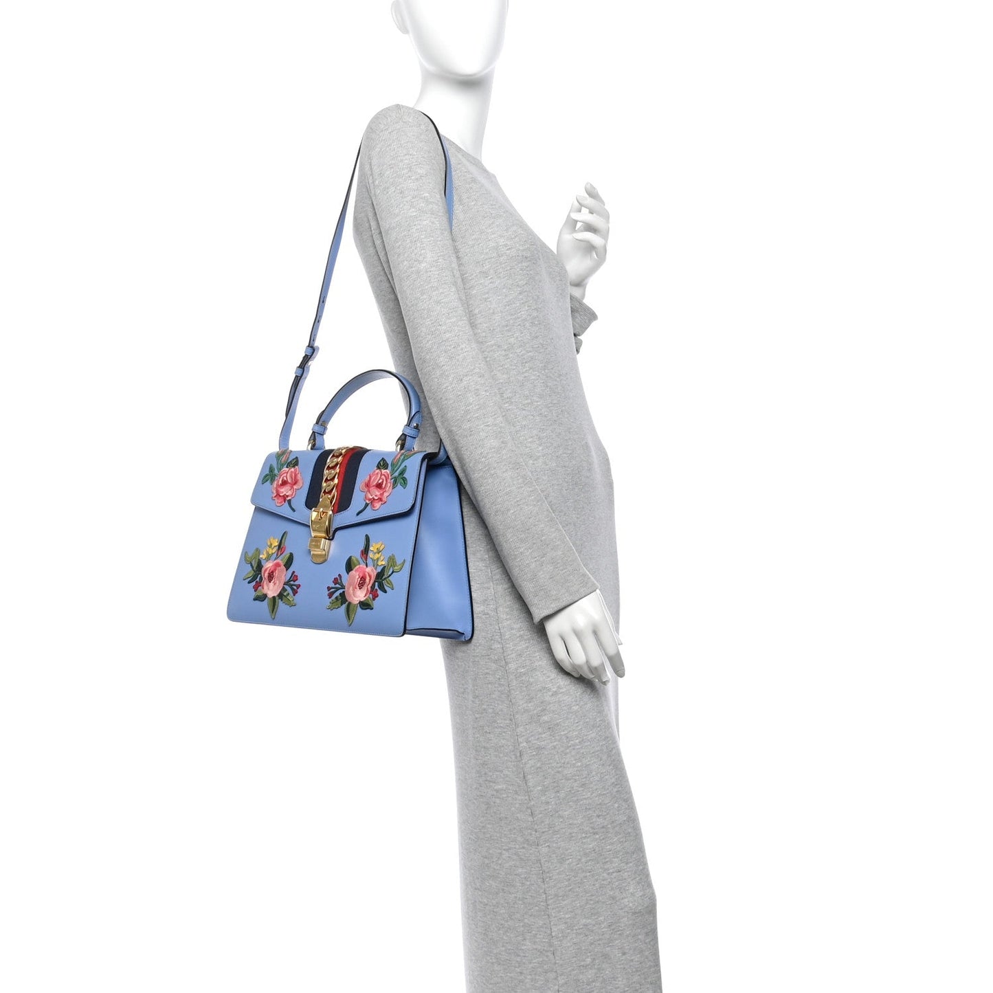 Calfskin Embroidered Medium Sylvie Top Handle Bag Clear Sky Blue