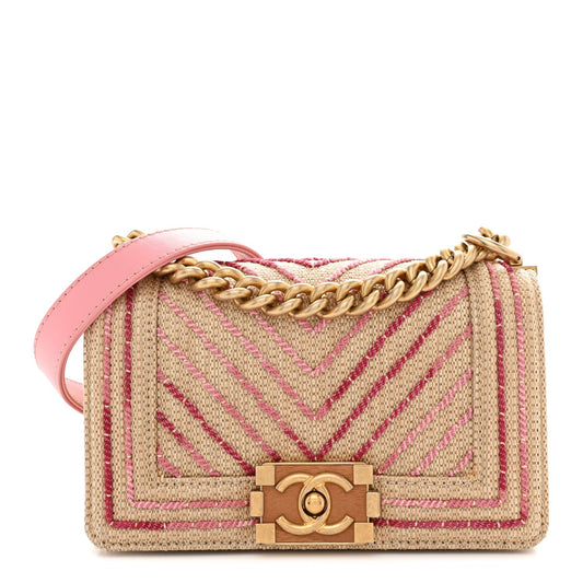 Raffia Chevron Quilted Small Boy Flap Beige Pink