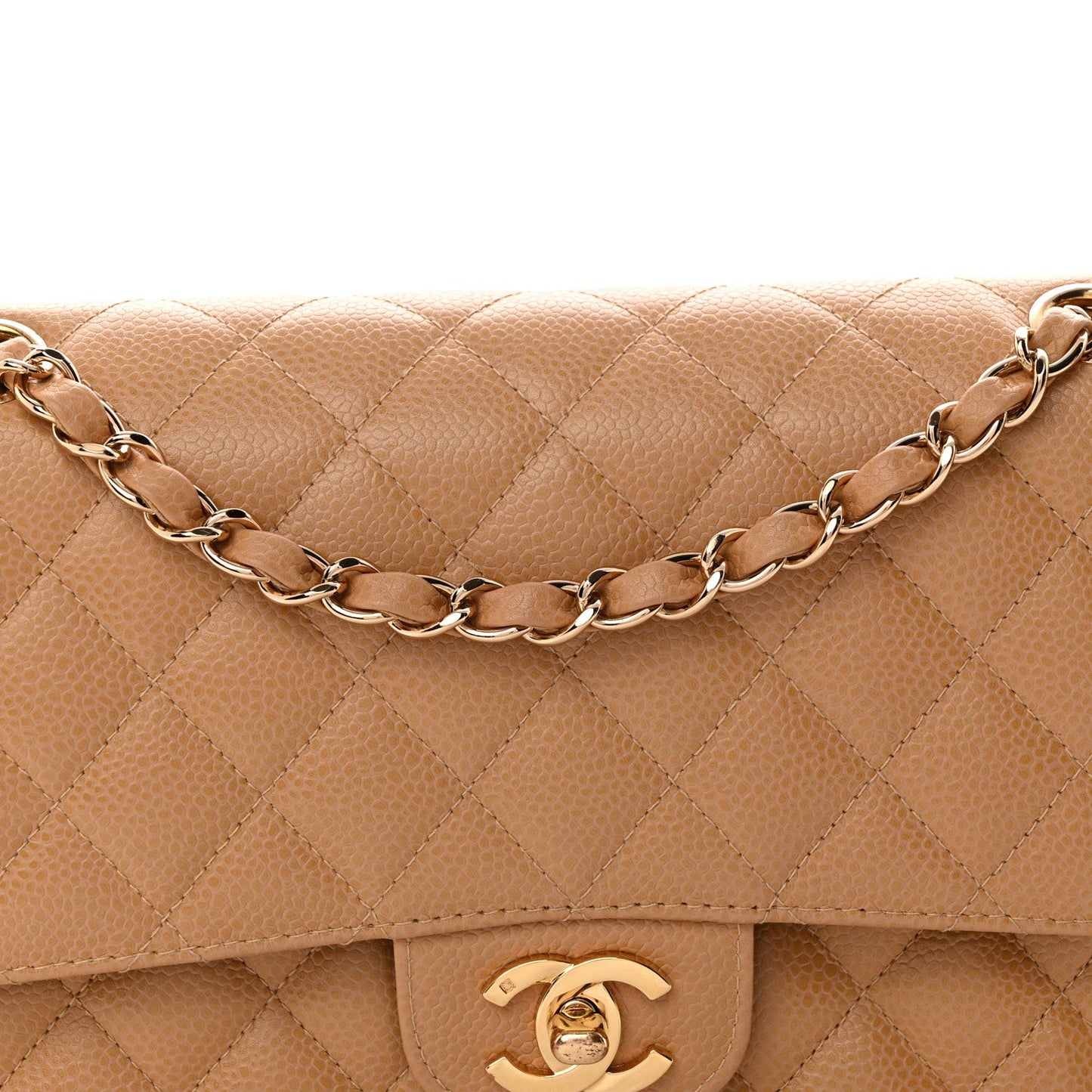 Caviar Quilted Medium Double Flap Beige