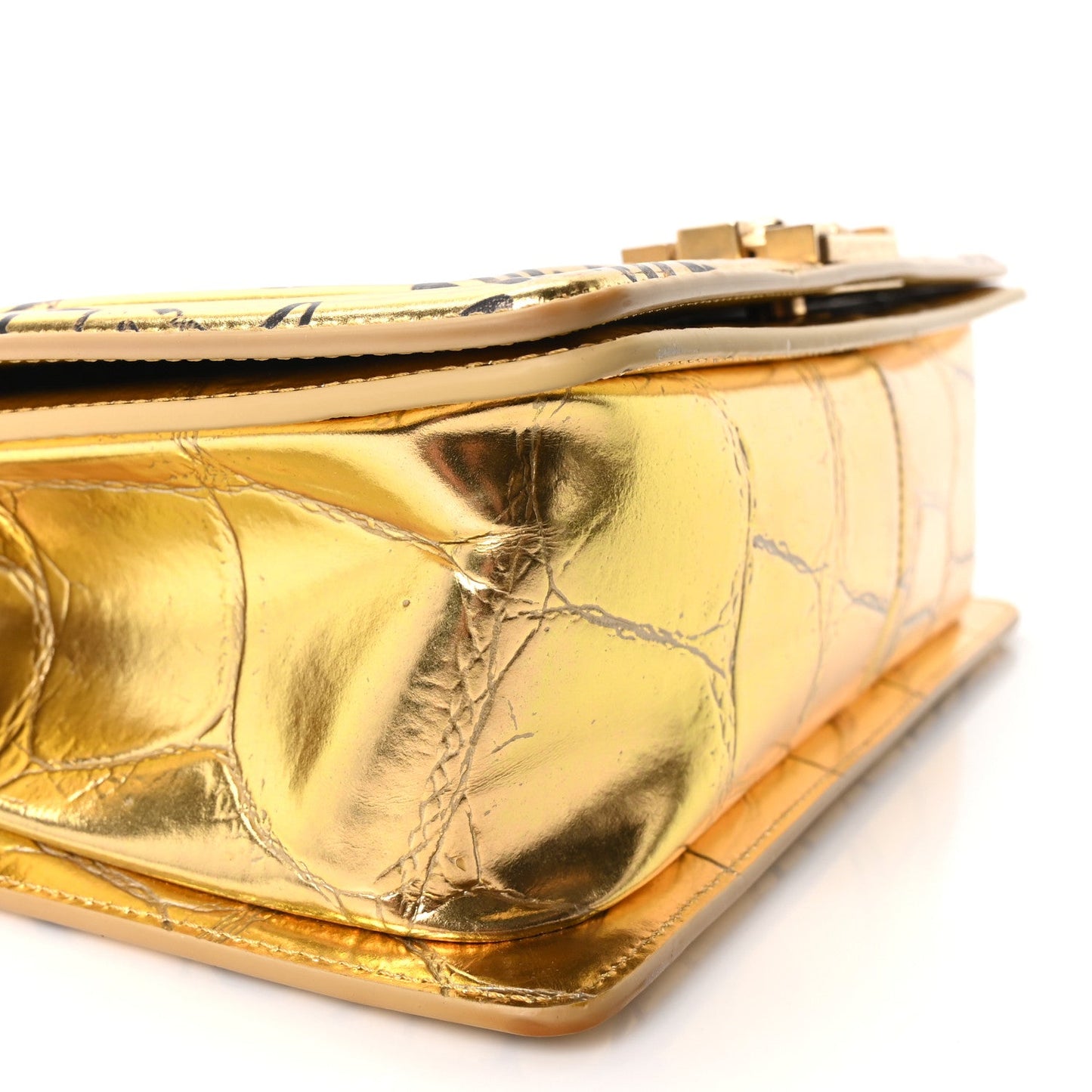 Metallic Calfskin Crocodile Embossed Graffiti Medium Cocodile Boy Flap Gold