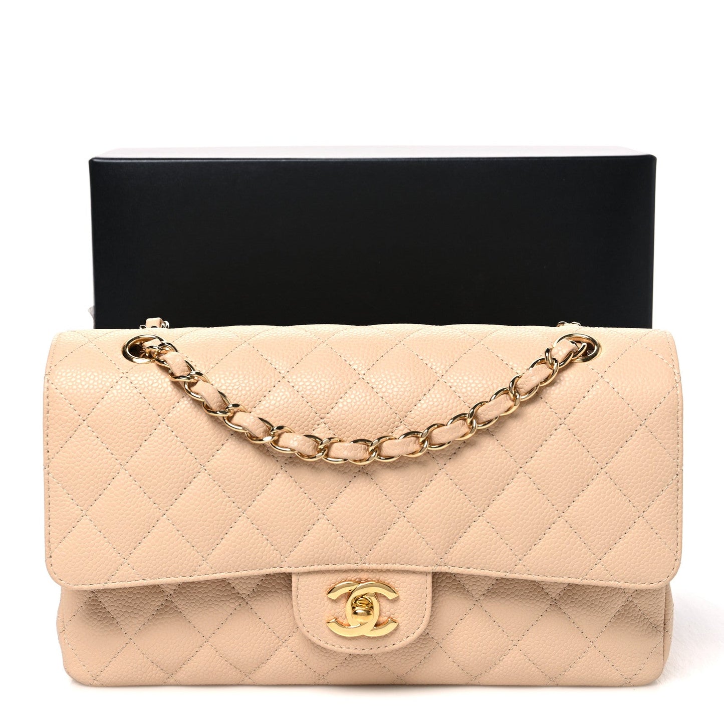 Caviar Quilted Medium Double Flap Beige Beige Clair