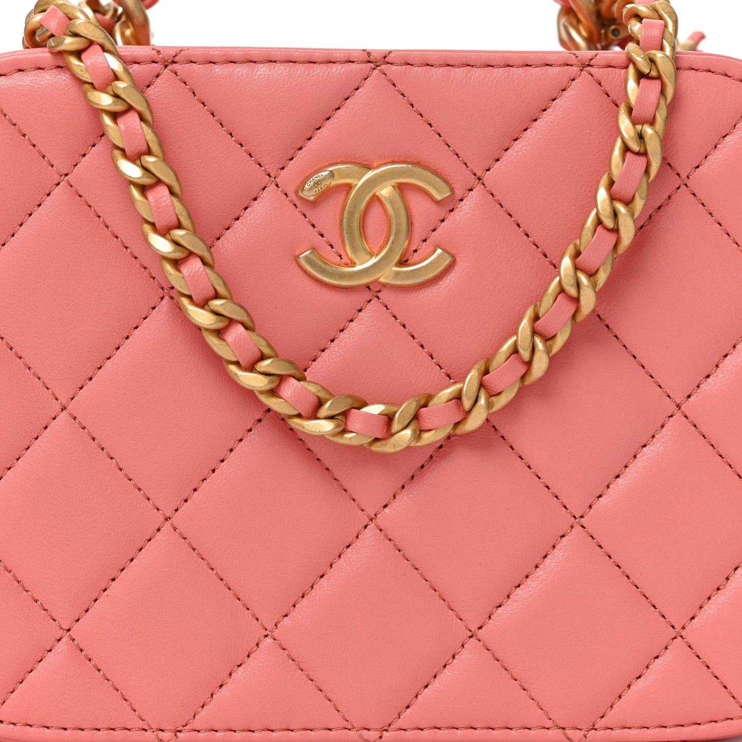 Lambskin Quilted Top Handle Small Vanity Case Pink