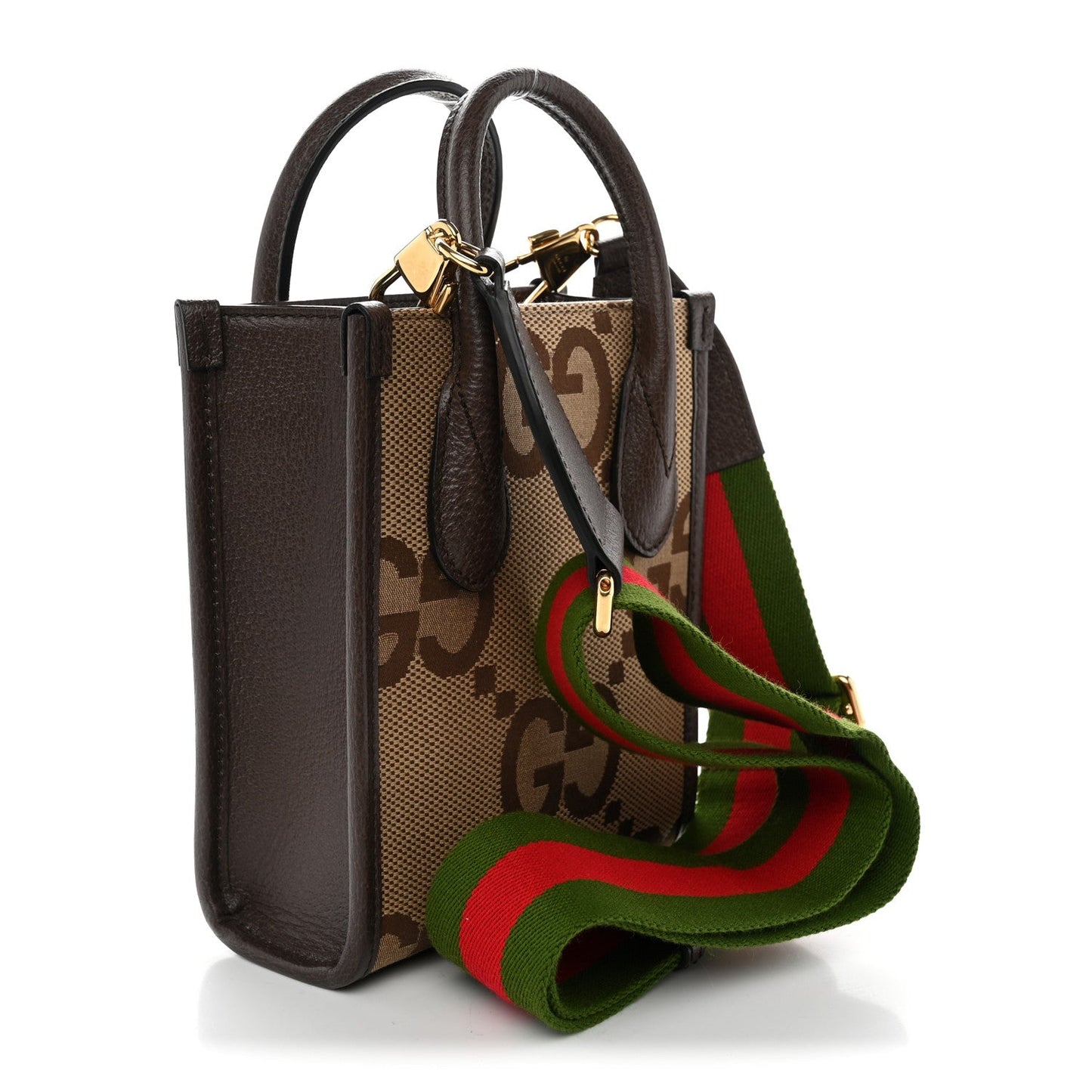 Monogram Jumbo GG Textured Dollar Calfskin Web Mini Vertical Tote Camel Ebony New Acero